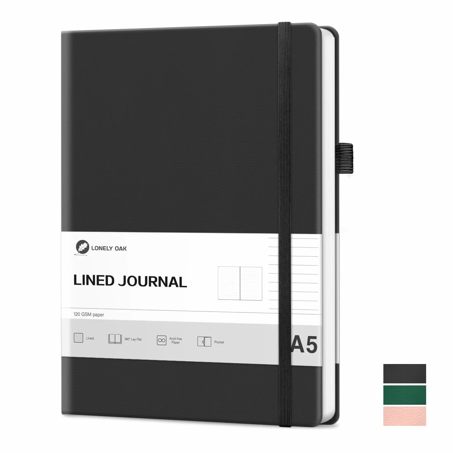 Lonely Oak Ligné Journal A5 Carnet 160 Pages 120GSM Papier Sans Acide Couverture Rigide Cuir Poche Intérieure Noir