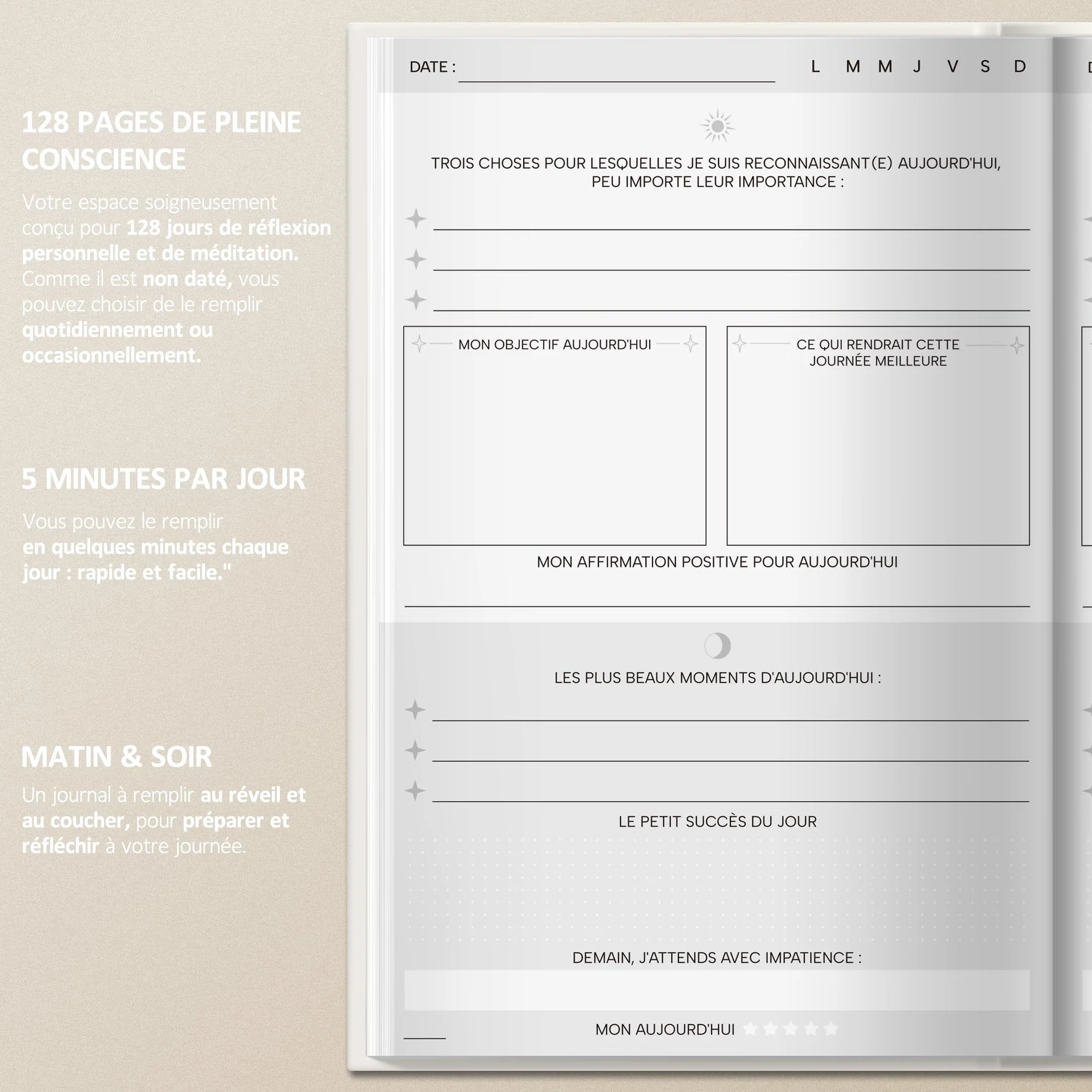 BIROYAL A5 Journal de Gratitude Pleine Conscience 128 Pages Couverture Rigide Beige