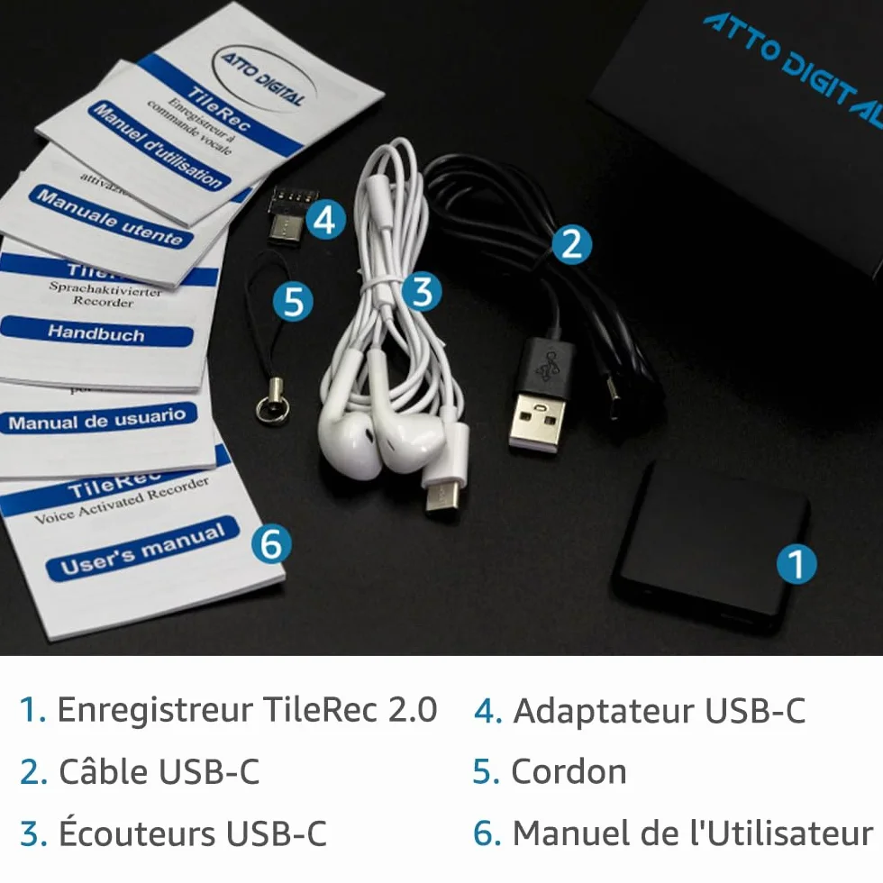 Atto Digital Mini Enregistreur Vocal 64 Go Ultra-Fin USB-C avec Activation Vocale Portable
