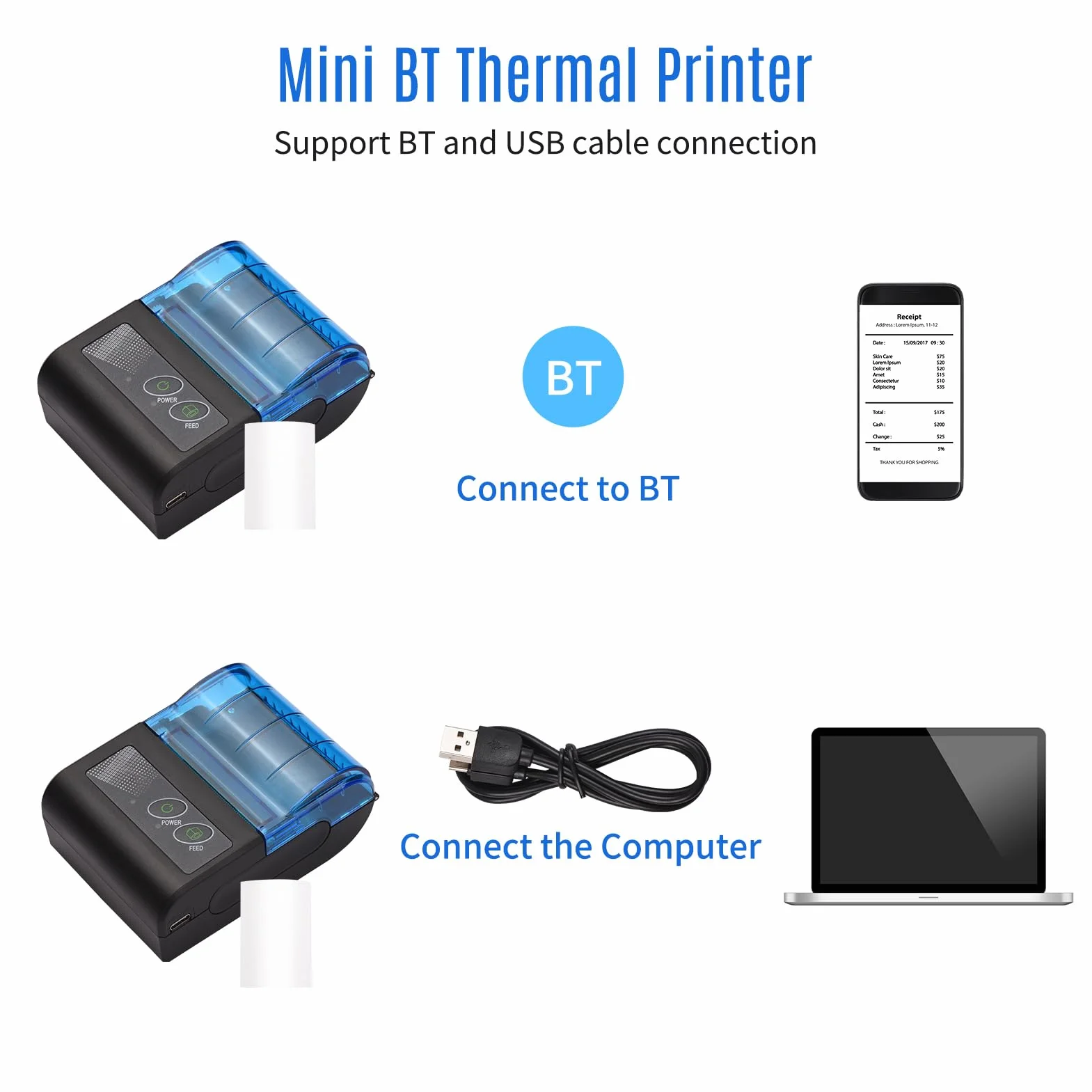 Mini imprimante thermique portable sans fil 58 mm compatible Android Windows