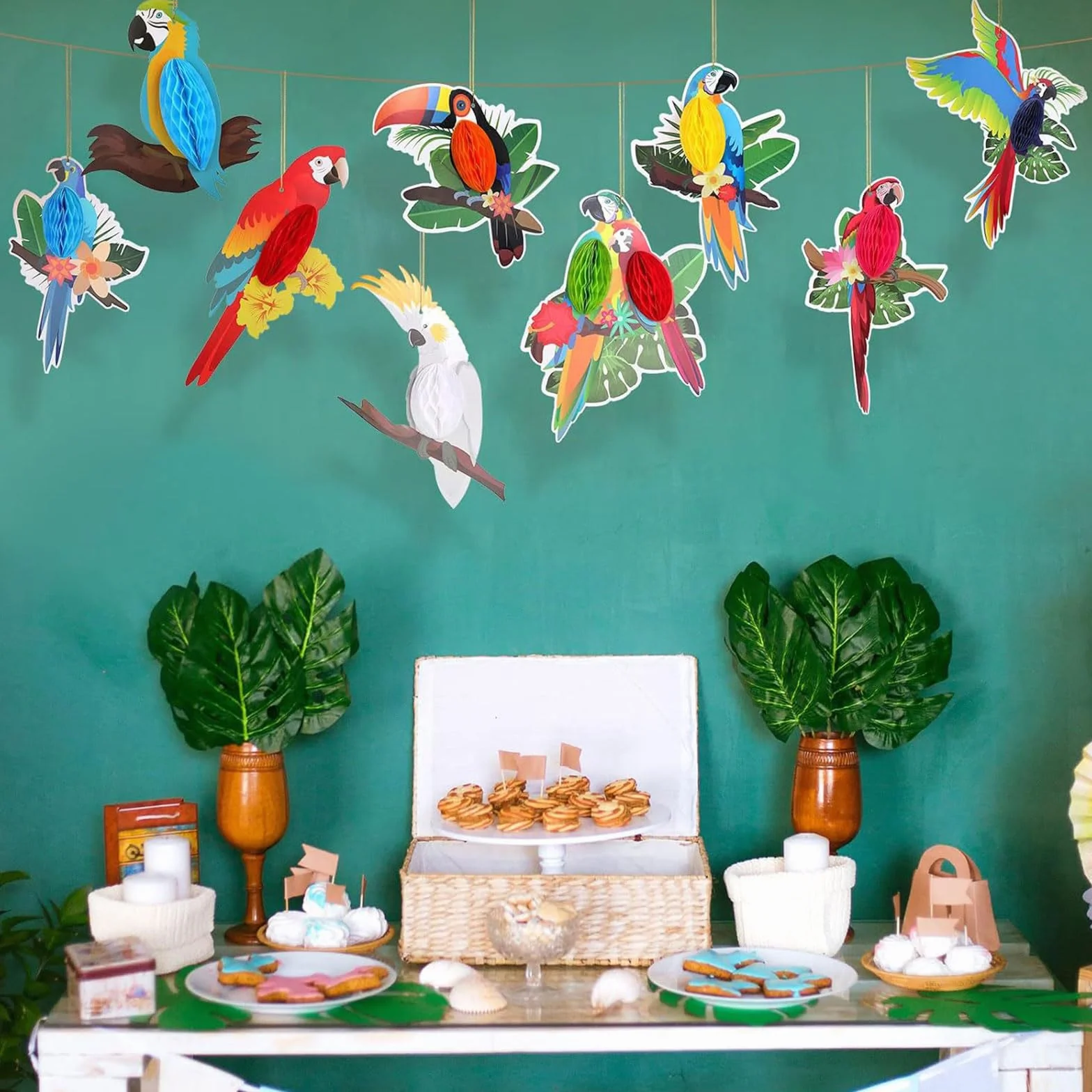 12 pièces Oiseaux tropicaux Découpages en nid d'abeille Suspendu Papier perroquet Décorations Fête Luau