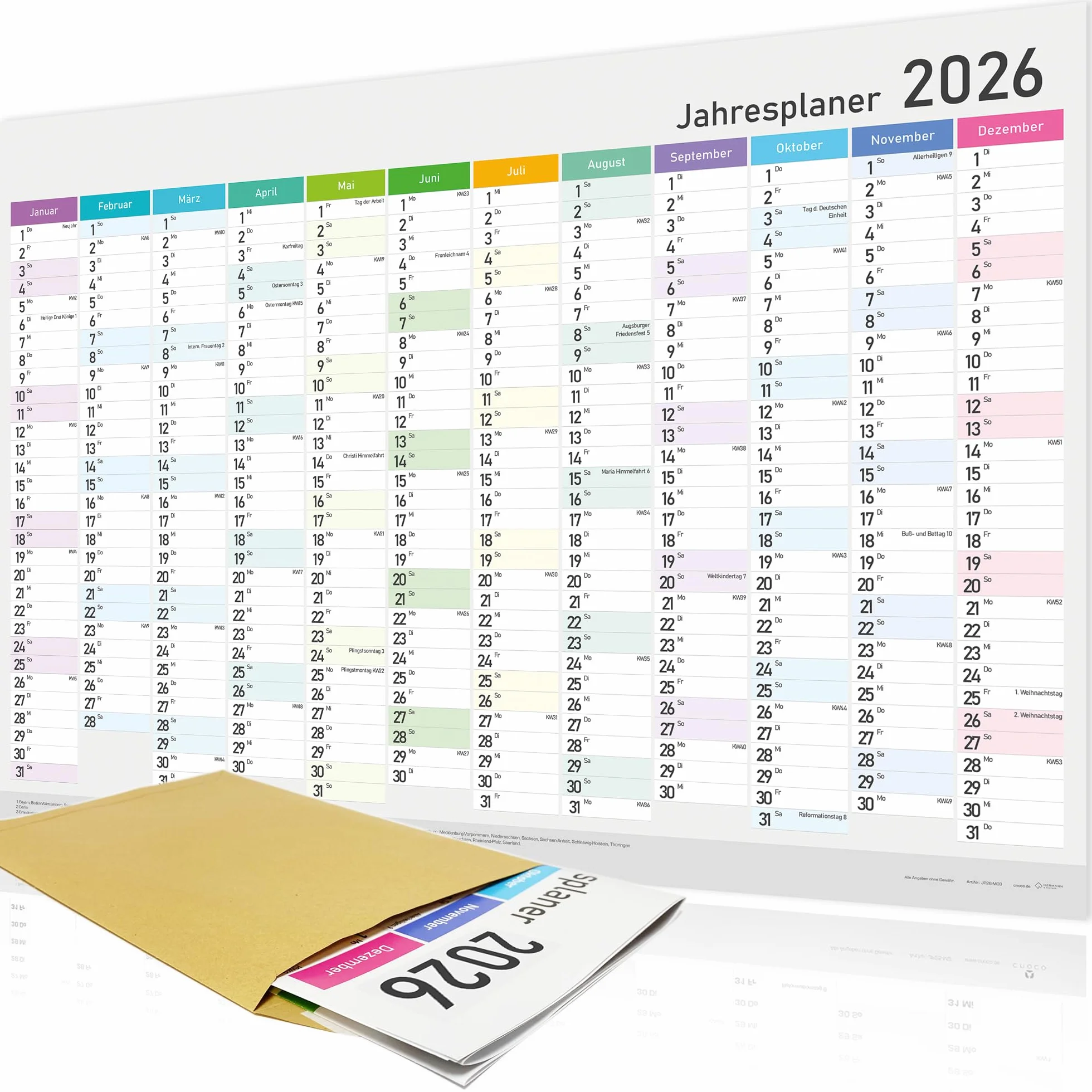 Calendrier annuel XXL 2026 A1 84x59 cm mural planificateur avec semaines et jours fériés