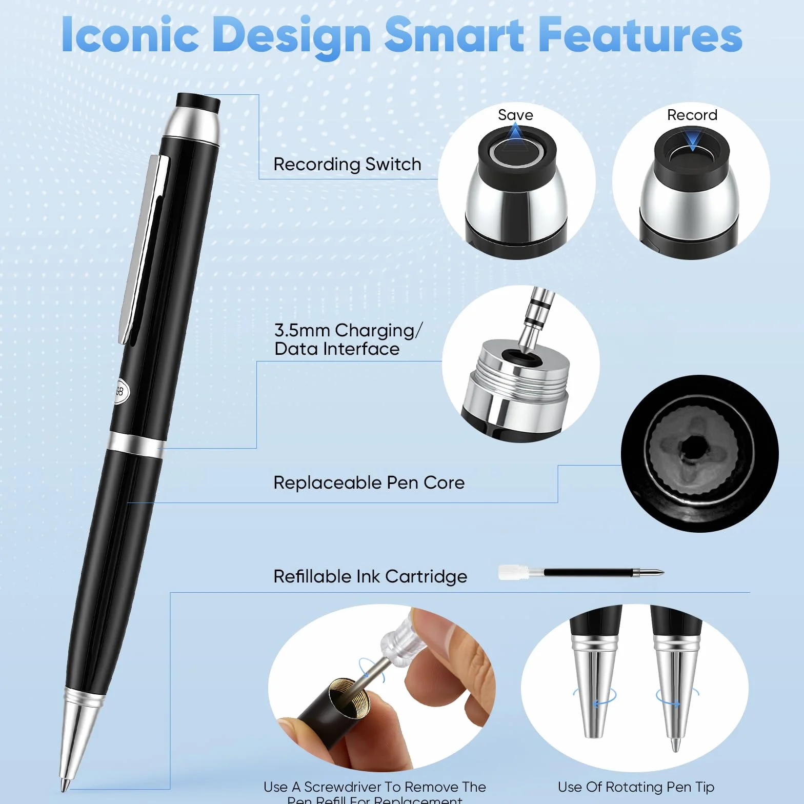 Stylo Enregistreur Vocal IA 64 Go Transcription Traduction Temps Réel Dictaphone APP Cloud Illimité Micro 360° Réduction Bruit Autonomie 10h