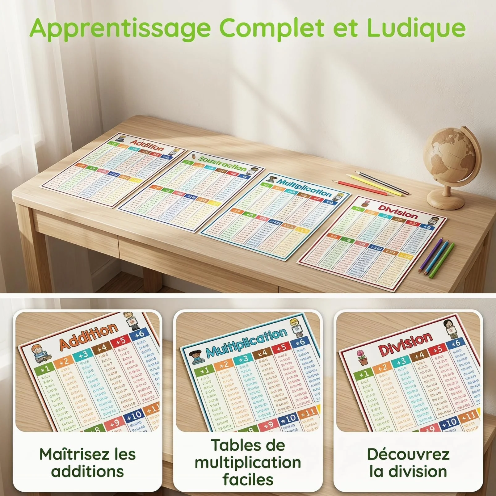 Hemobllo 4 Affiches Éducatives Mathématiques - Table de Multiplication Addition Soustraction Division - Poster École Primaire