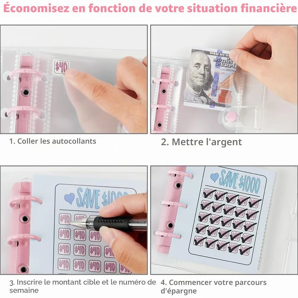OFFCUP Mini Classeur Défi Épargne 25 Enveloppes Portefeuille Économiseur Argent 1000 $ Rose