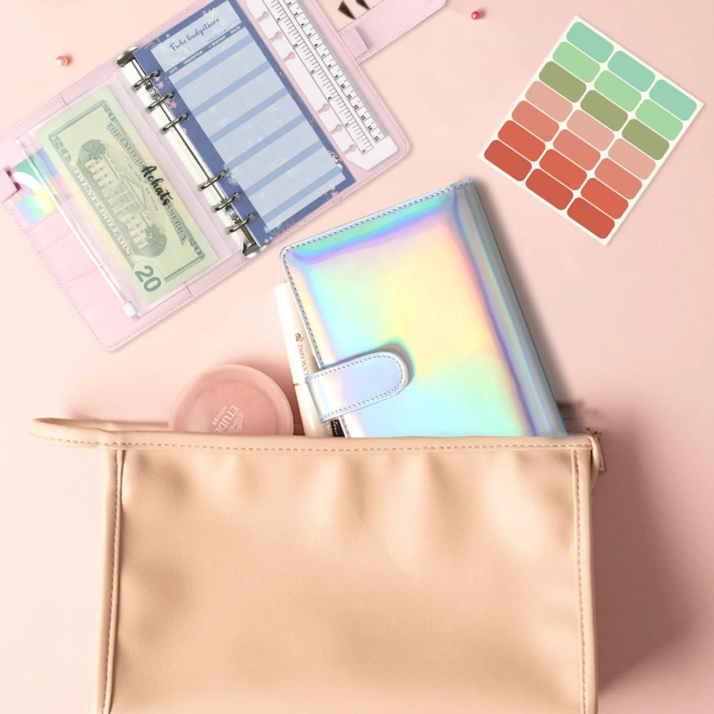 COLAND Classeur budget A6 ensemble d'accessoires enveloppe zippée Fiche budgétaire française Autocollants français