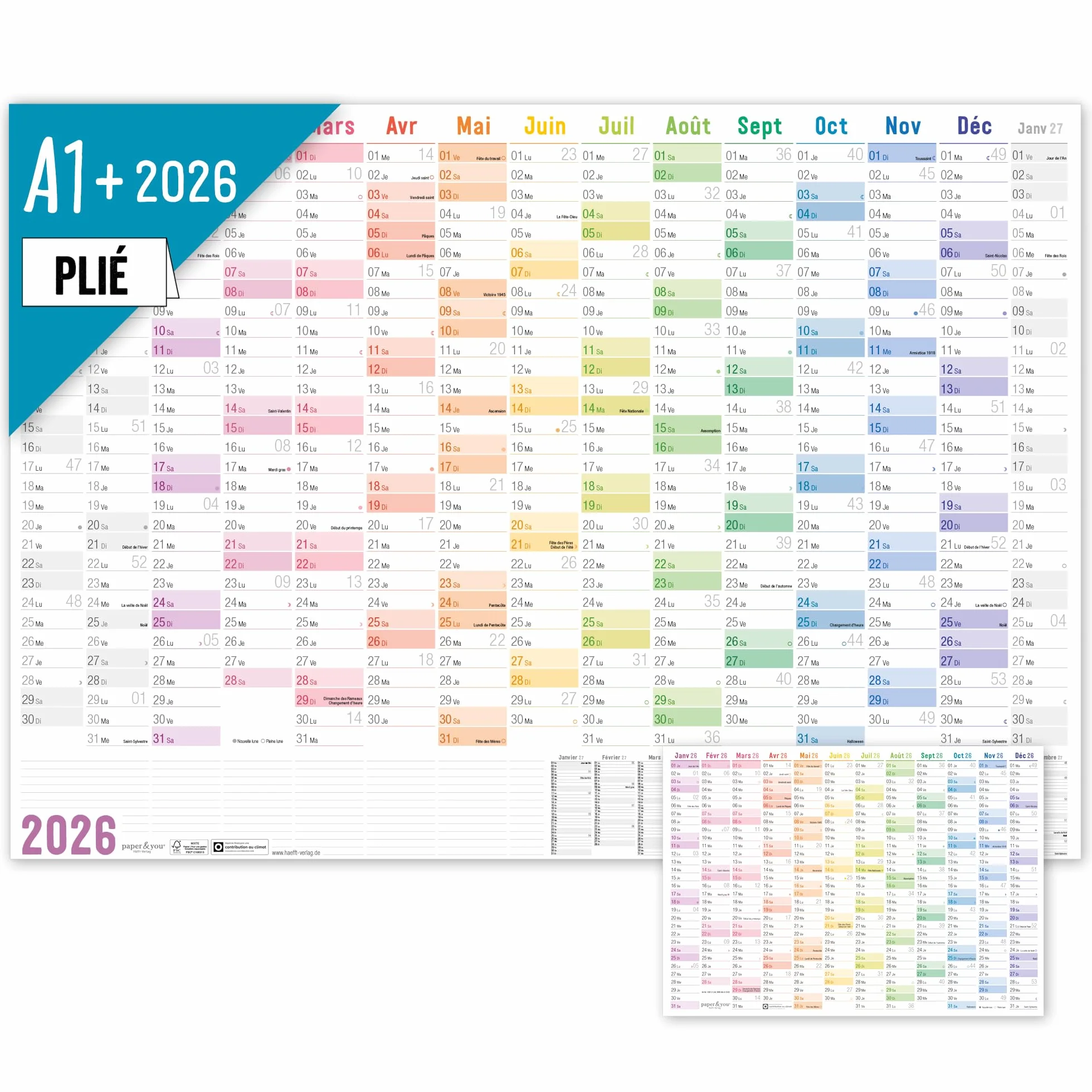 Häfft® Calendrier mural XXL 2026 A1+ 63 x 89 cm papier français Rainbow avec agenda annuel A4 gratuit jours fériés France