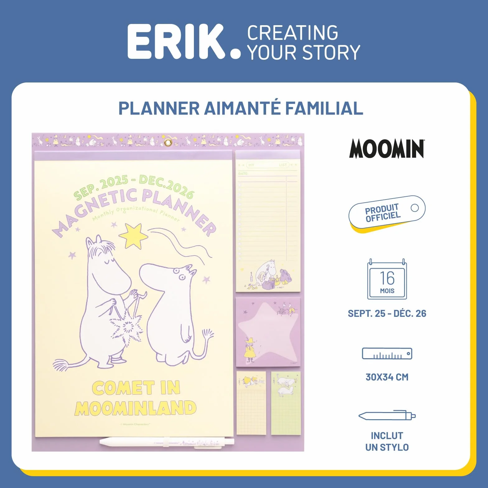 Grupo Erik Calendrier Magnetique Frigo Moomin Septembre 2025 Décembre 2026 Planificateur Mensuel 16 mois Calendrier Familial