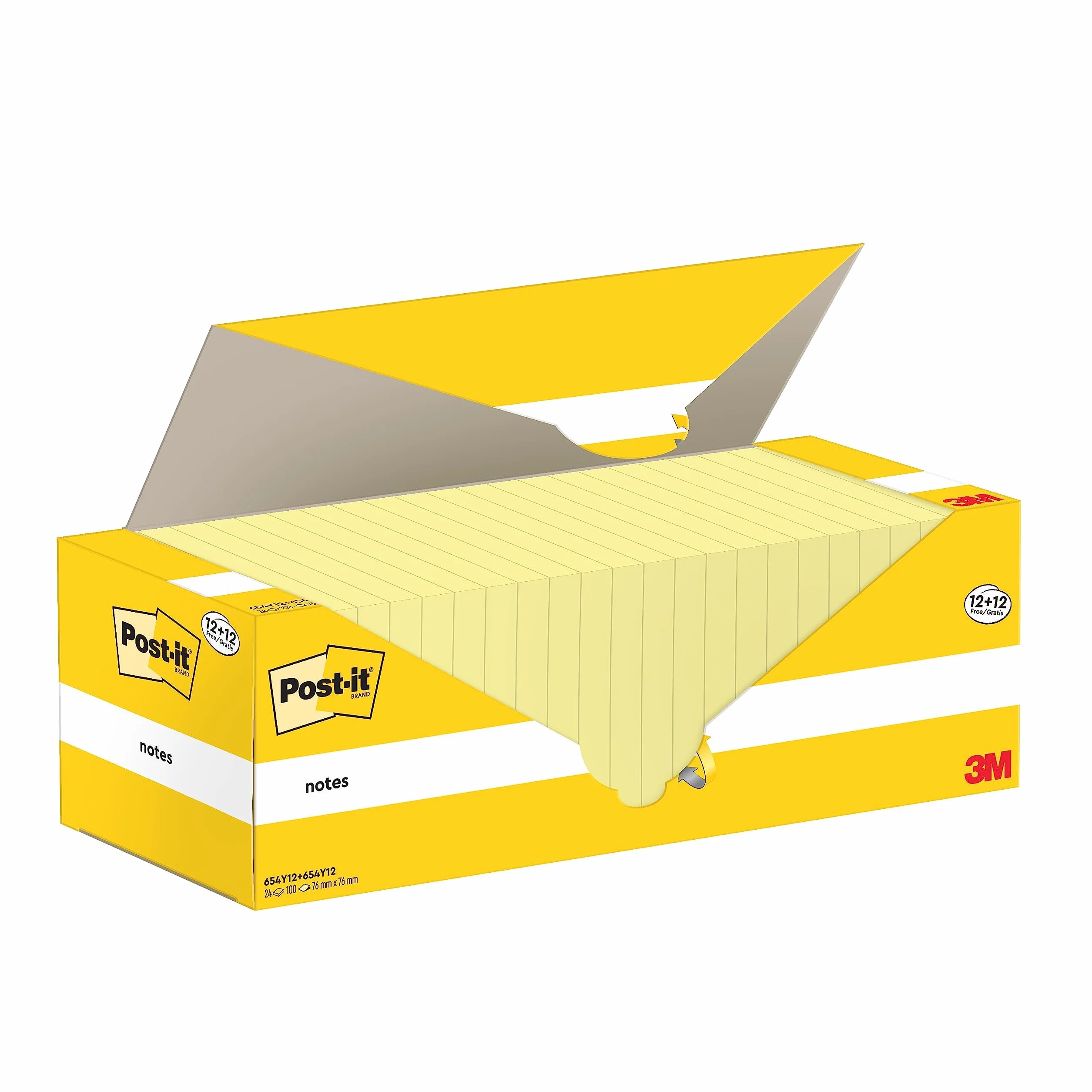 Post-it Notes Autocollantes 76 mm x 76 mm Jaune Pastel, Pack Promo 12 Blocs + 12 GRATUITS, 100 Feuilles par Bloc