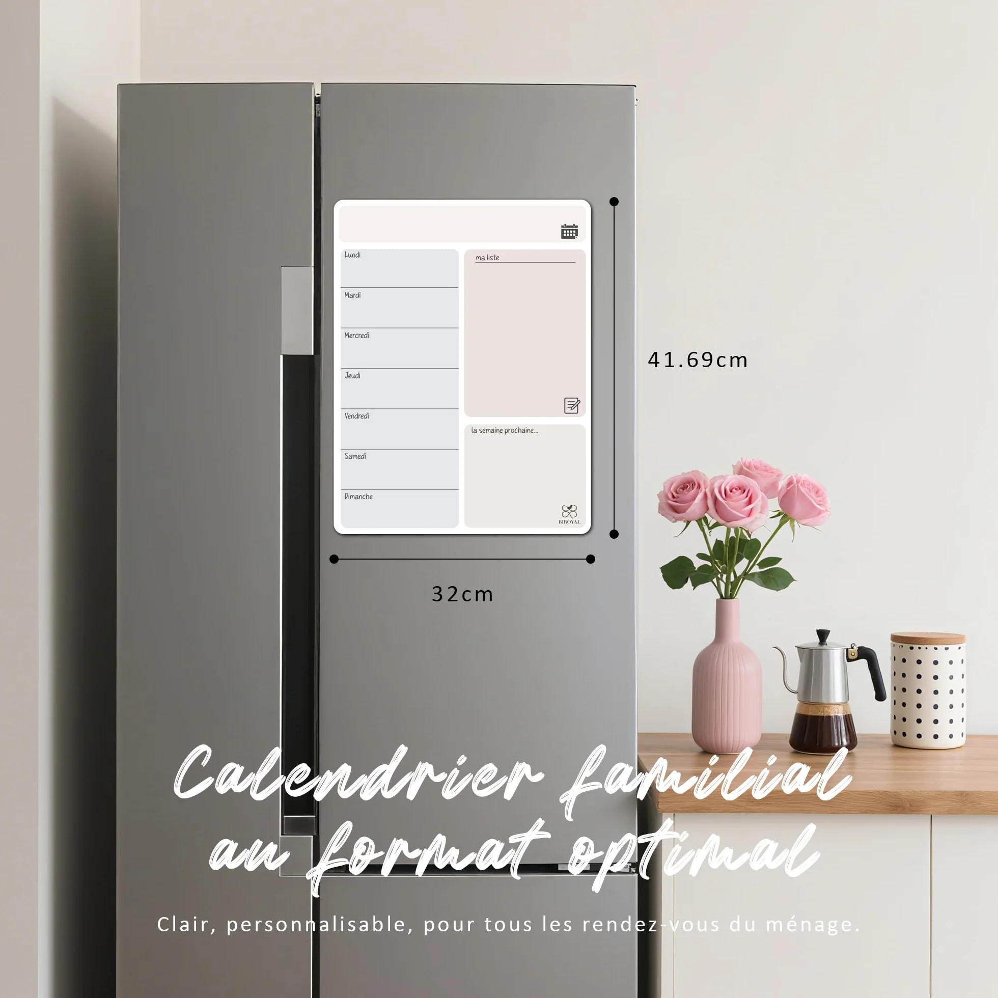 BIROYAL Calendrier Magnétique Frigo 41,7x32 cm, Grand Planning Frigo Magnetique, Tableau Planning Semainier Effaçable