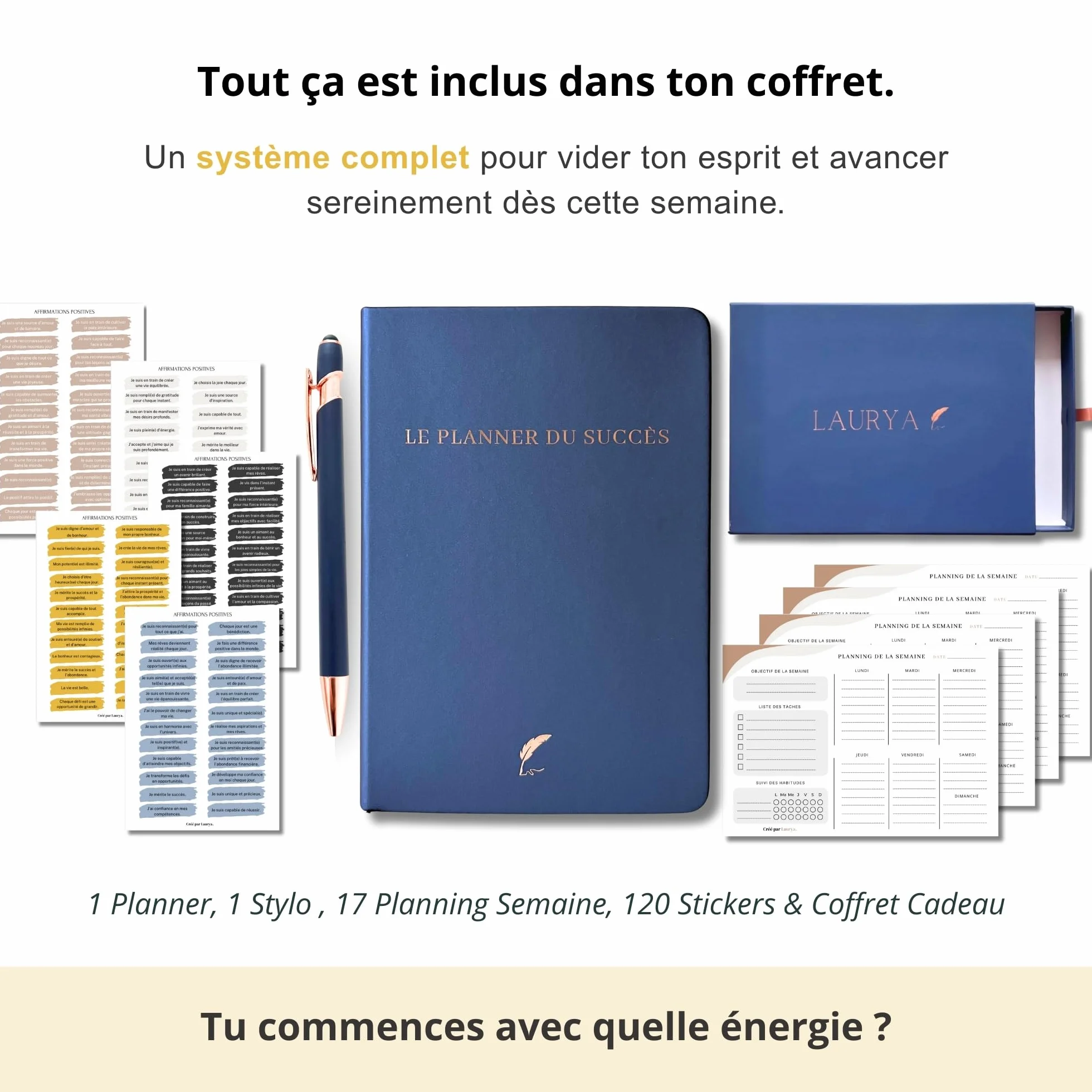 Planner Français de productivité, Semainier, Planning annuel mensuel journalier, agenda non daté, coffret cadeau stickers affirmations positives, to do list, bullet journal pre rempli (4 mois)