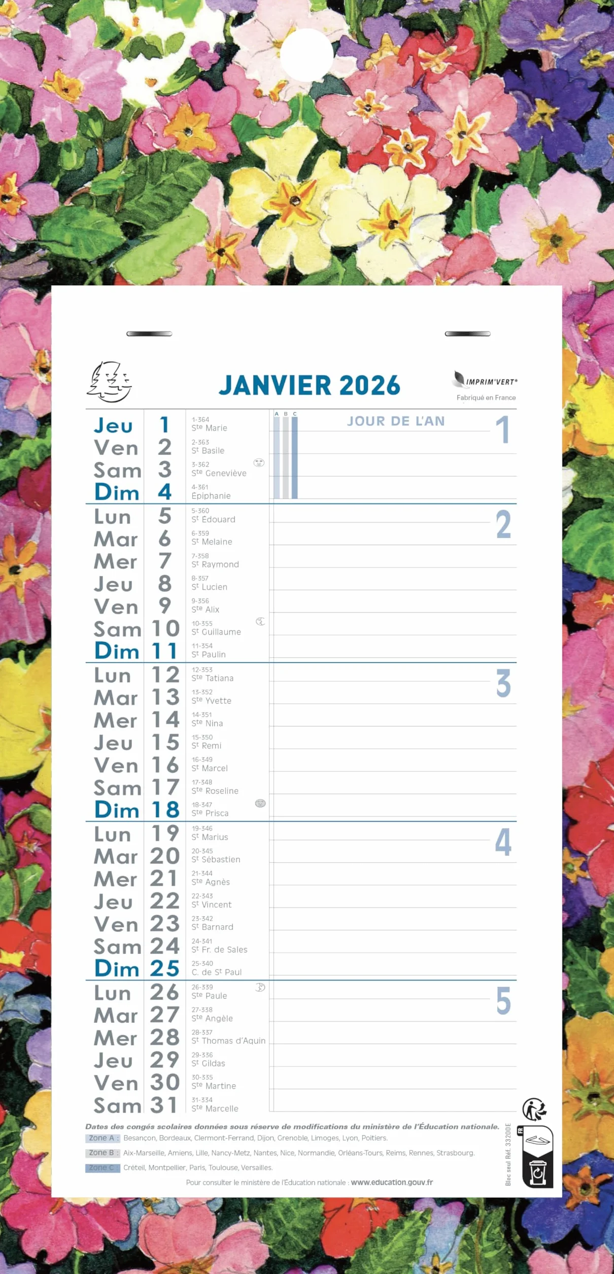 Exacompta Calendrier mensuel 2026 13 x 23 cm feuillets détachables support plaque imprimée Fleurs 16 x 33 cm