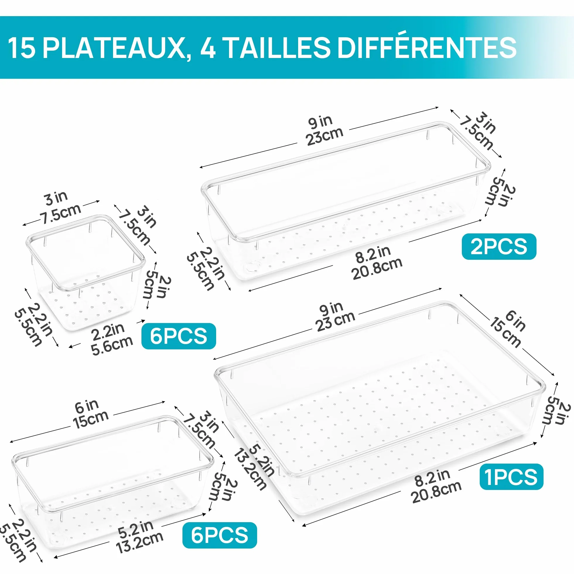 Vtopmart Lot de 15 Organisateurs de Tiroir en Plastique Transparent 4 Tailles pour Salle de Bain