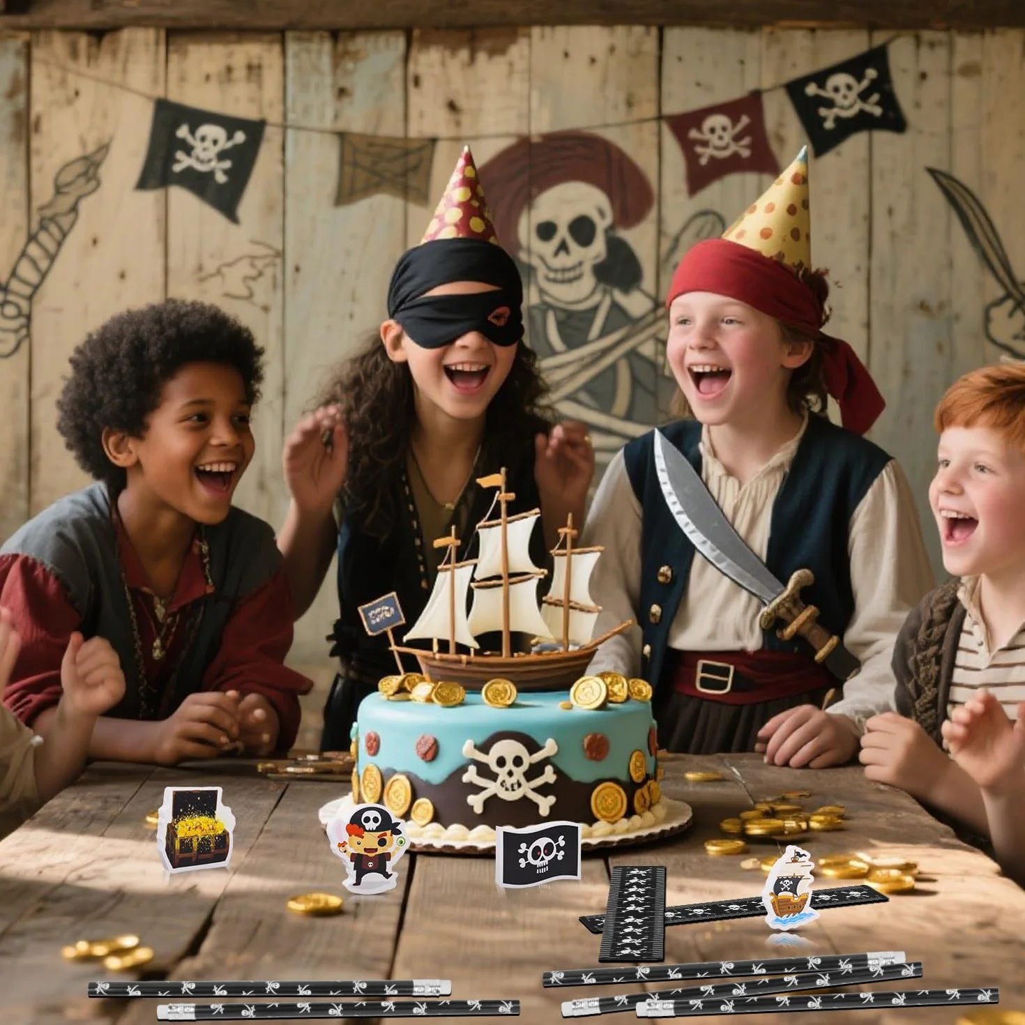 Kit d'écriture scolaire pirate avec crayons, gomme, règle, taille-crayon, lot de 14
