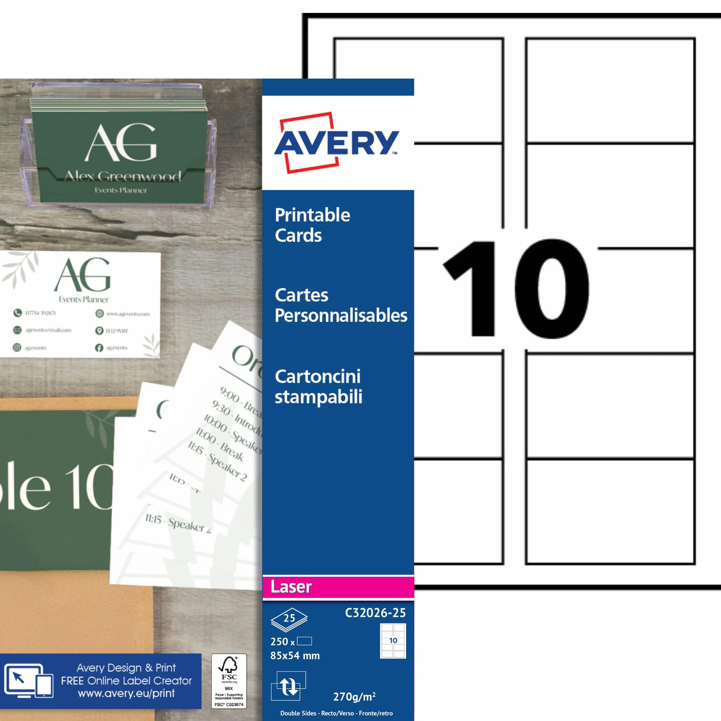 AVERY Pochette cartes de visite 250 pièces 85x54 mm 270g/m² satinée recto verso impression laser