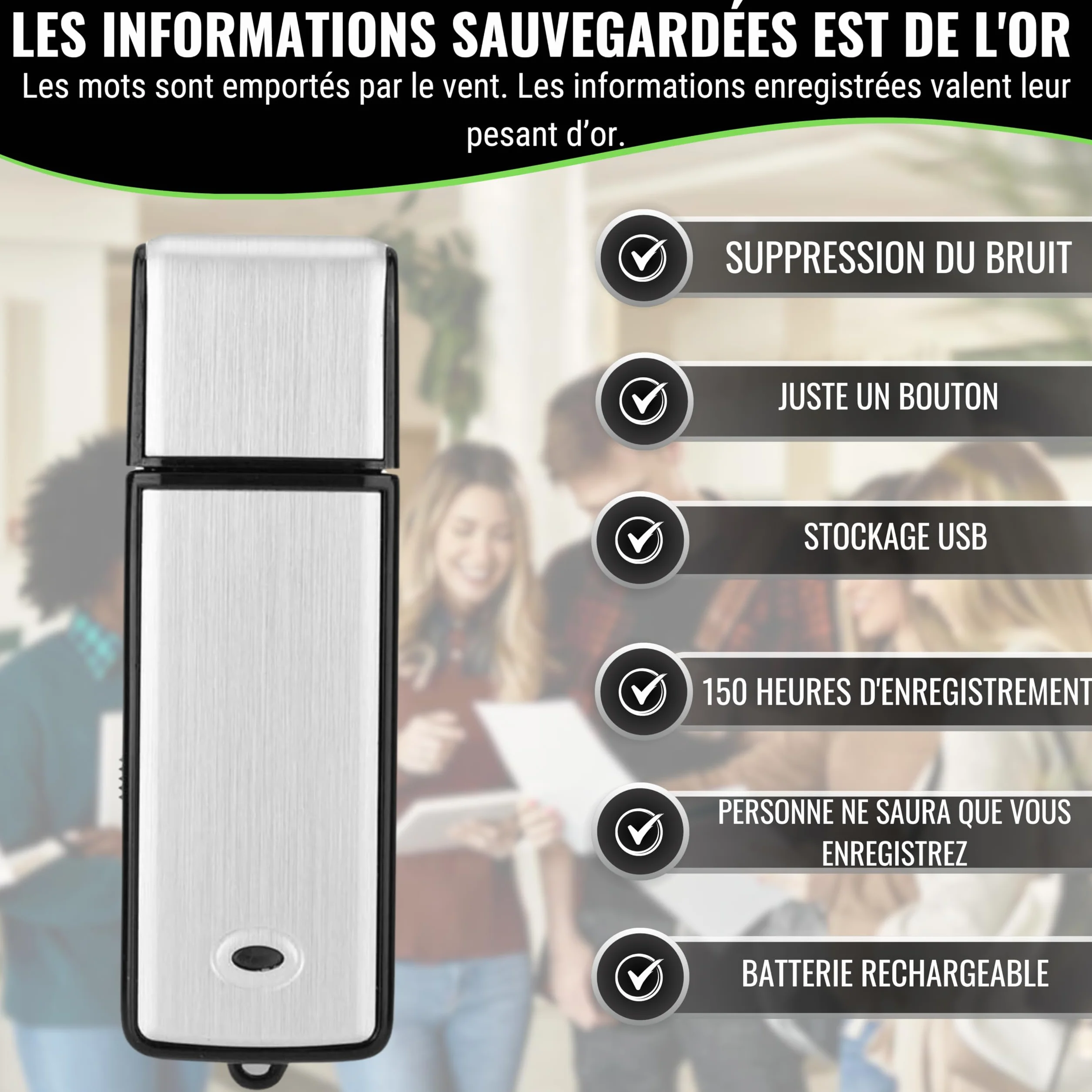 Enregistreur Vocal Numérique USB 8 Go Dictaphone Micro Espion Discret pour Réunions Interviews Cours NF3