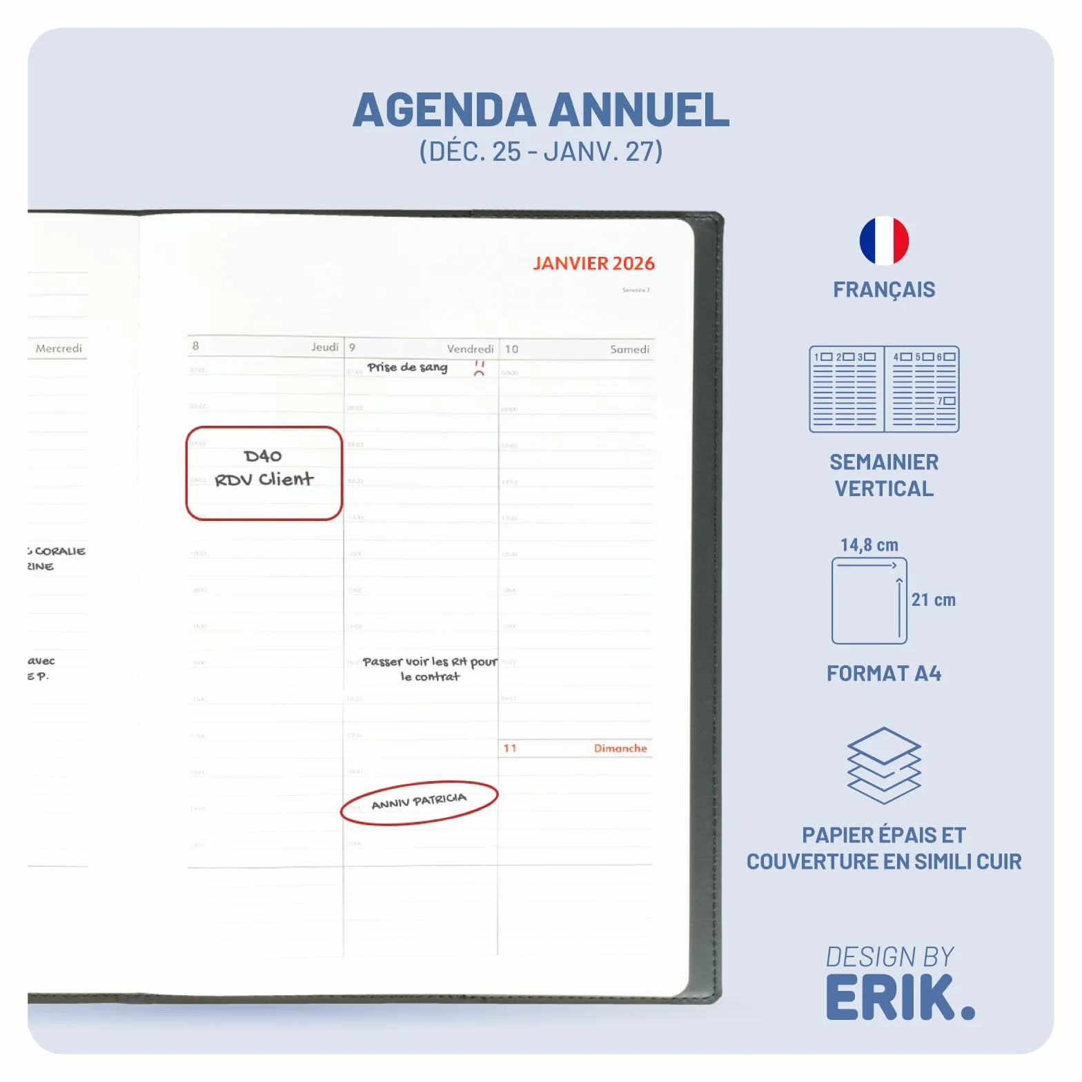 Agenda A4 2026 Semainier Vertical en Français, Carnet de Rendez-Vous Professionnel
