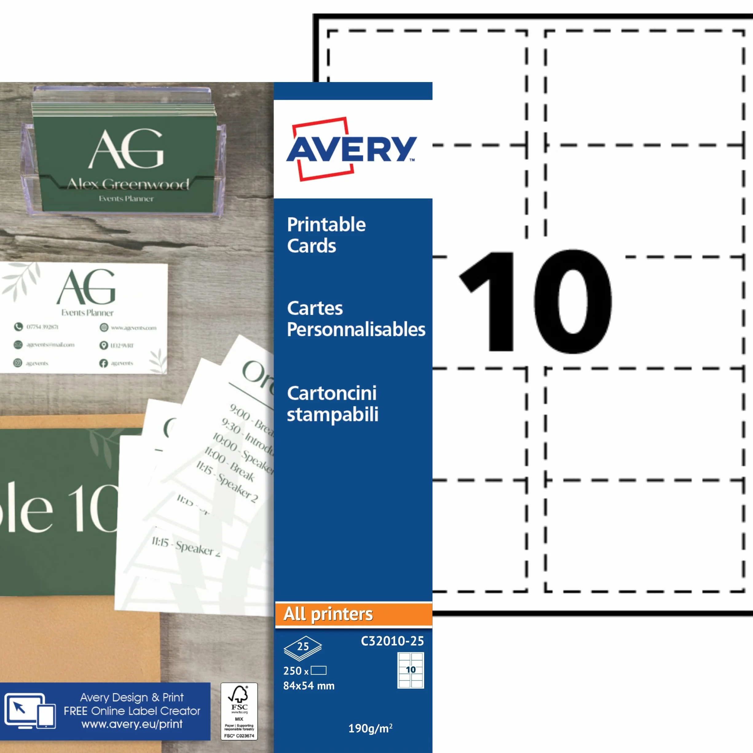 AVERY Pochette cartes de visite imprimables 250 cartes 185g/m² 85x54 mm mate