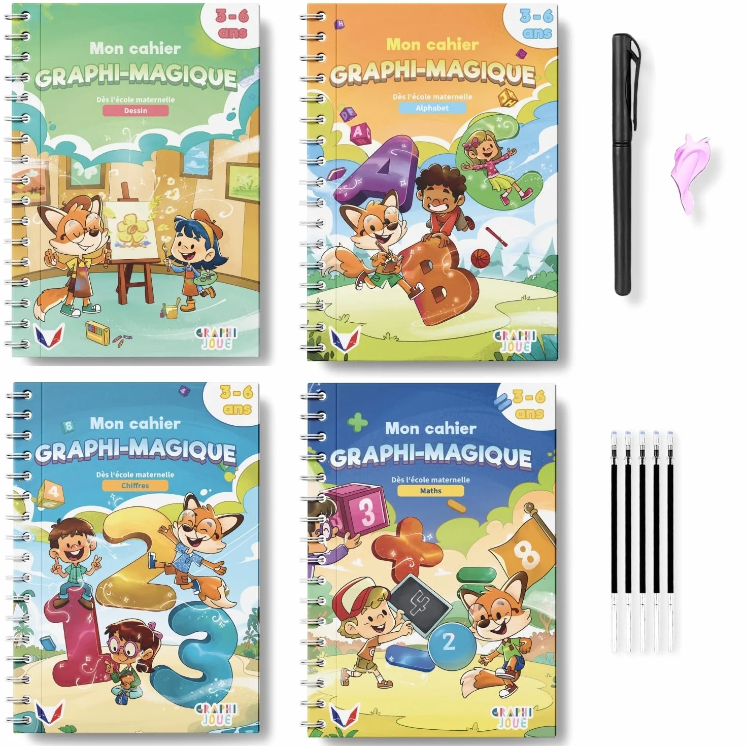 Kit Calligraphie Enfant 4 Cahier Écriture Maternelle CP Alphabet Chiffres Dessin Stylo Magique Effaçable Recharges Guide Doigts