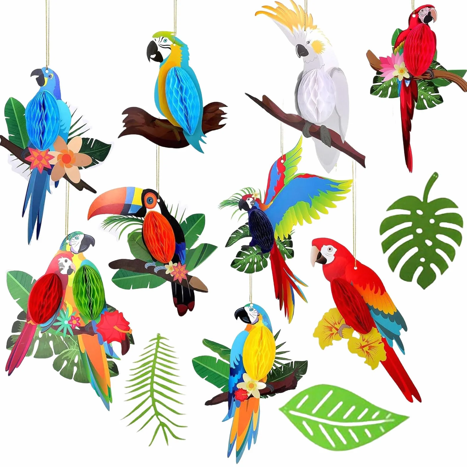 12 pièces Oiseaux tropicaux Découpages en nid d'abeille Suspendu Papier perroquet Décorations Fête Luau