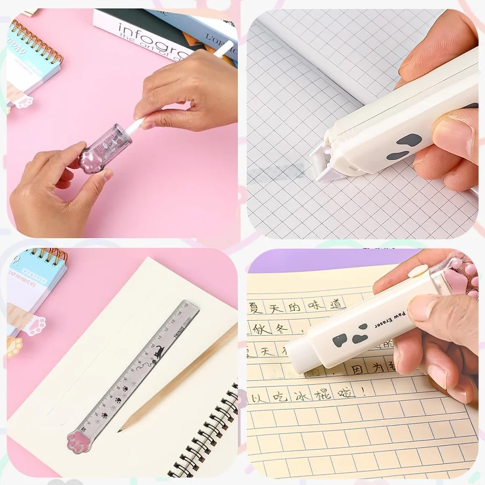 Set de Papeterie Chat Mignon, Fournitures Scolaires Chat, Étui à Stylos avec Règle Ruban Correcteur Colle Gomme Taille-Crayon