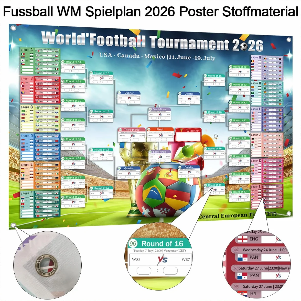 Calendrier Coupe du Monde 2026 150x100cm avec autocollants correcteurs et cordon 48 équipes groupes dates éliminations directes