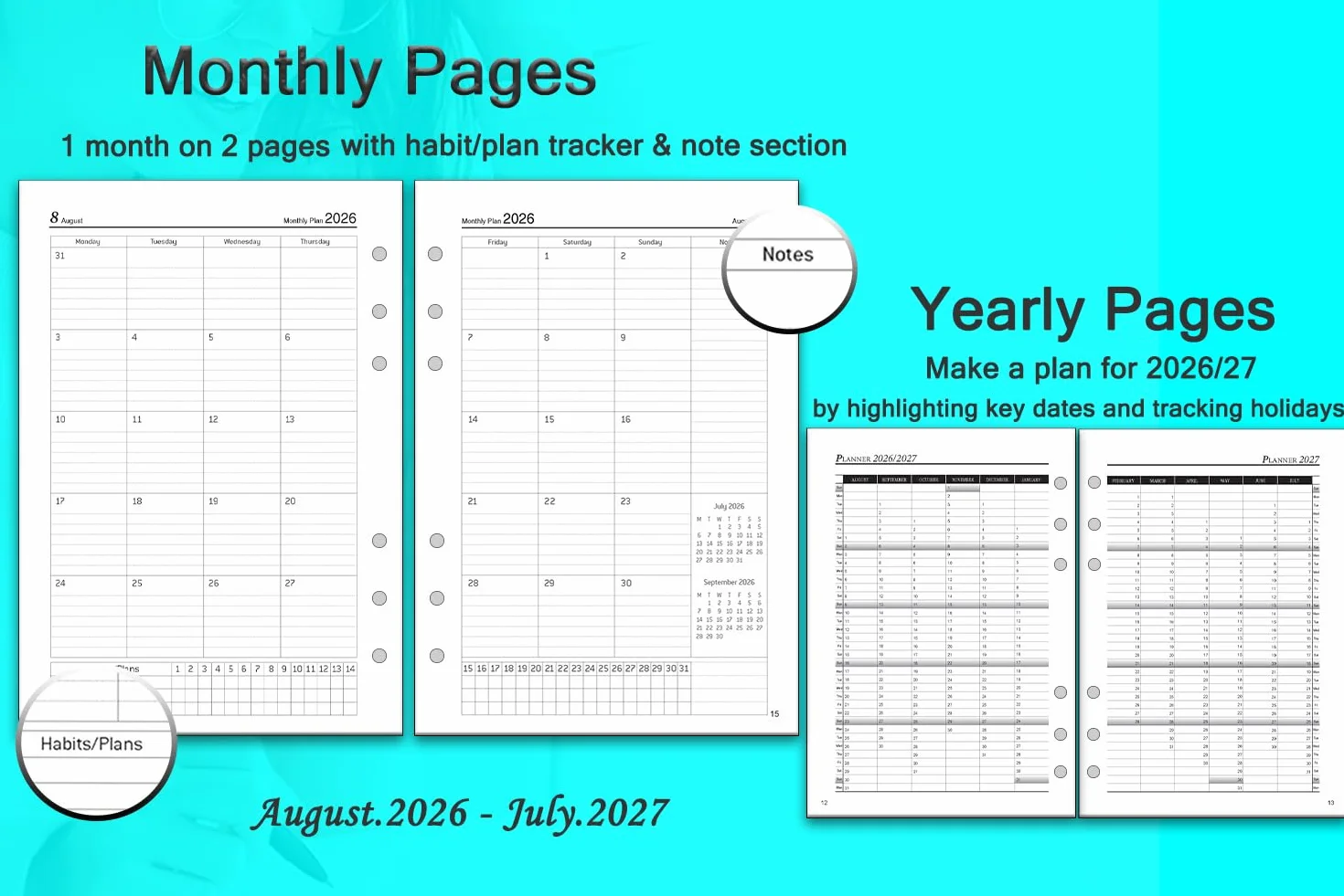 Recharge Agenda Journalier 2026-2027 A5 6 Trous une Page par Jour 8h-20h Onglets Mensuel Pages Notes Contacts Planificateur Quotidien Août 2026 à Juillet 2027