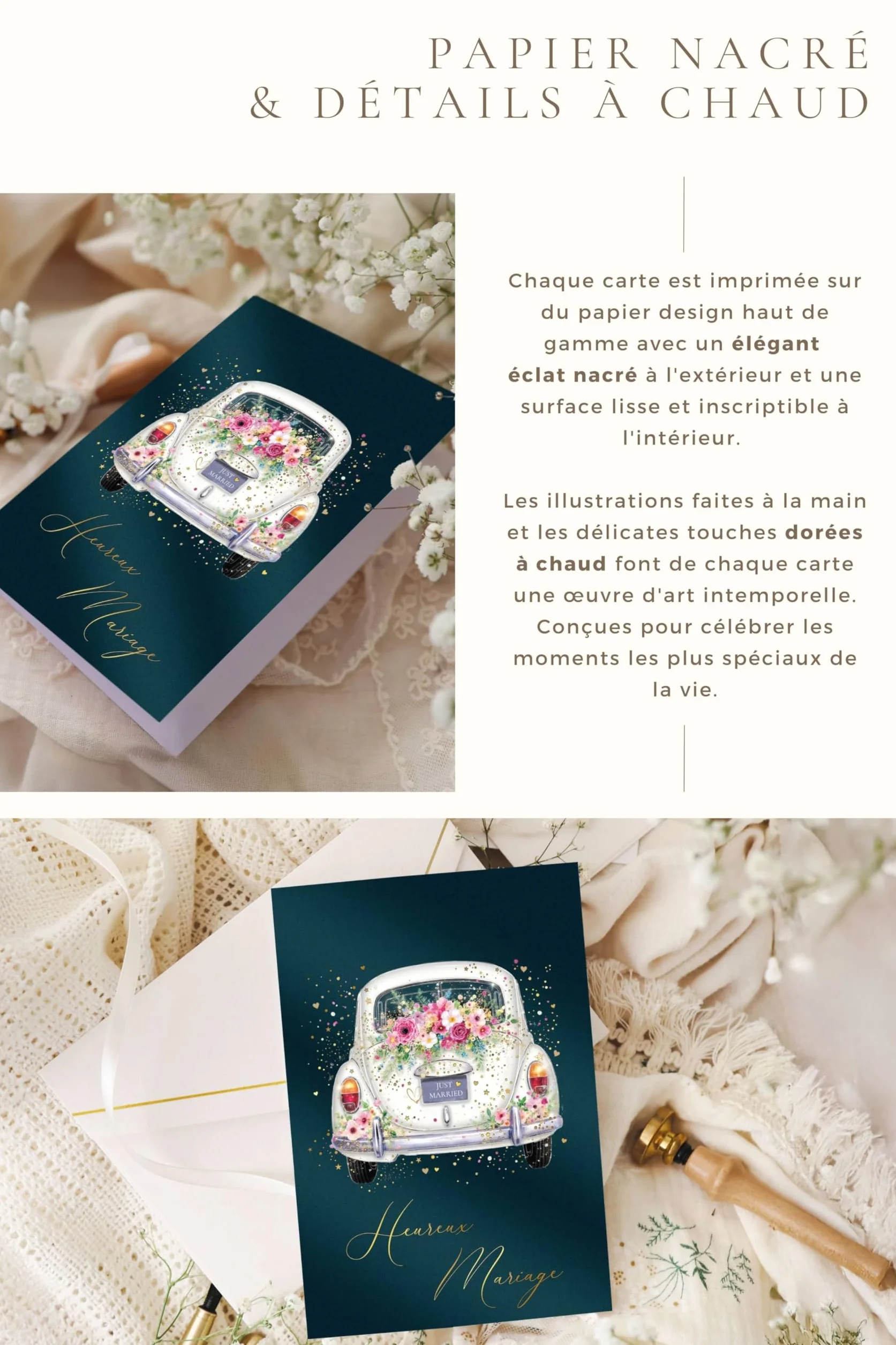Joli Coon Papeterie Carte de mariage STARDUST – Carte de voeux mariage avec enveloppe en papier premium et cachet de cire - 17 x 11,5 cm