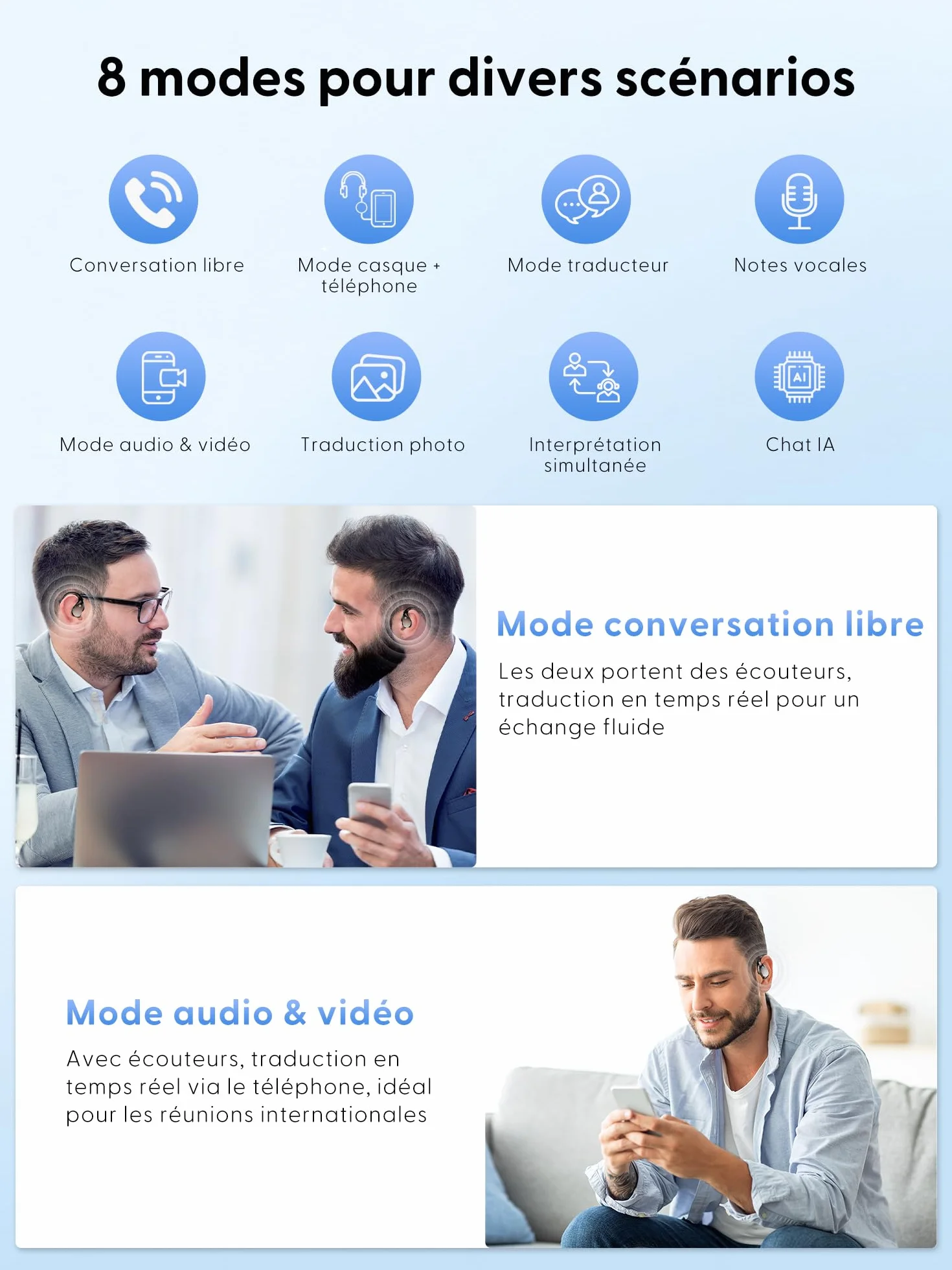 Écouteur Traducteur Instantané AI Vocal 164 langues Bluetooth 6.0 3 en 1 40H autonomie Casque sans fil 7 modes