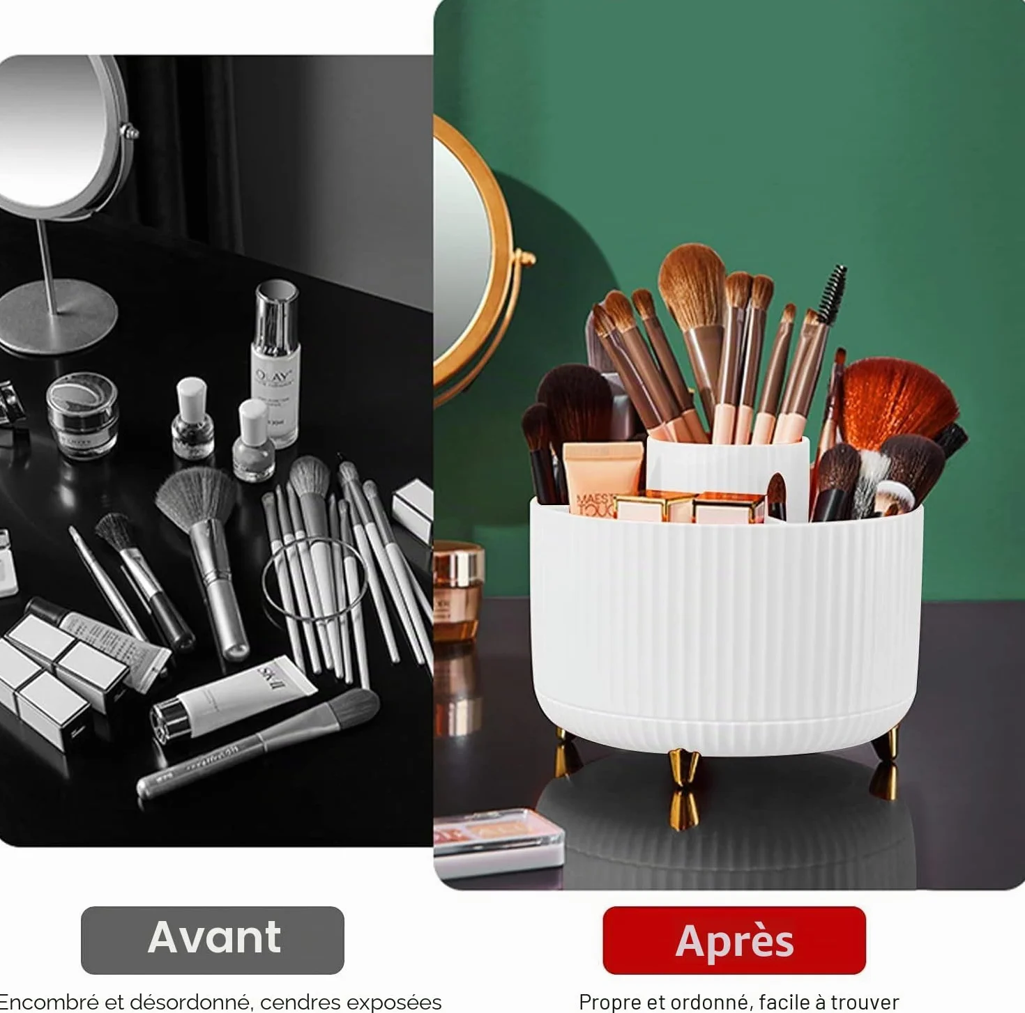 Support Rotatif à 360° pour Bureau, Pot à Crayon 5 Compartiments, Rangement Stylo (Blanc + Vert)