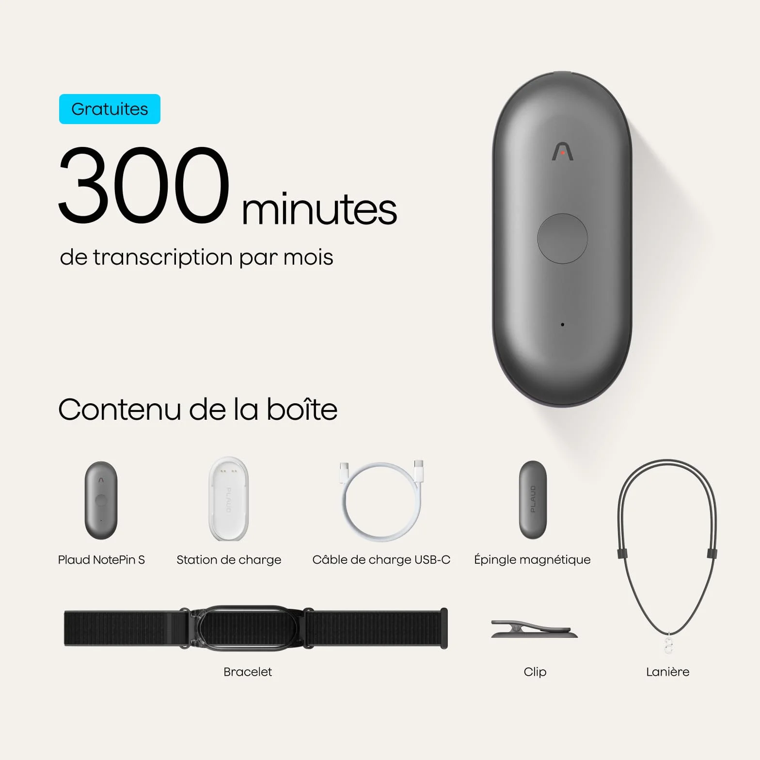 Plaud NotePin S Enregistreur Vocal IA avec Bouton Tactile, Transcription, Résumé IA et Team Plan, Dictaphone Numérique pour Réunions, Gris + 4 Accessoires