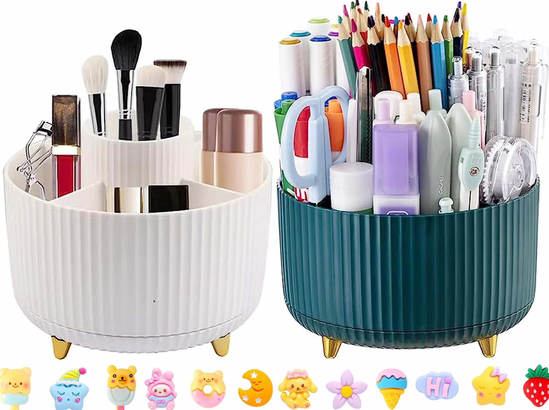 Support Rotatif à 360° pour Bureau, Pot à Crayon 5 Compartiments, Rangement Stylo (Blanc + Vert)