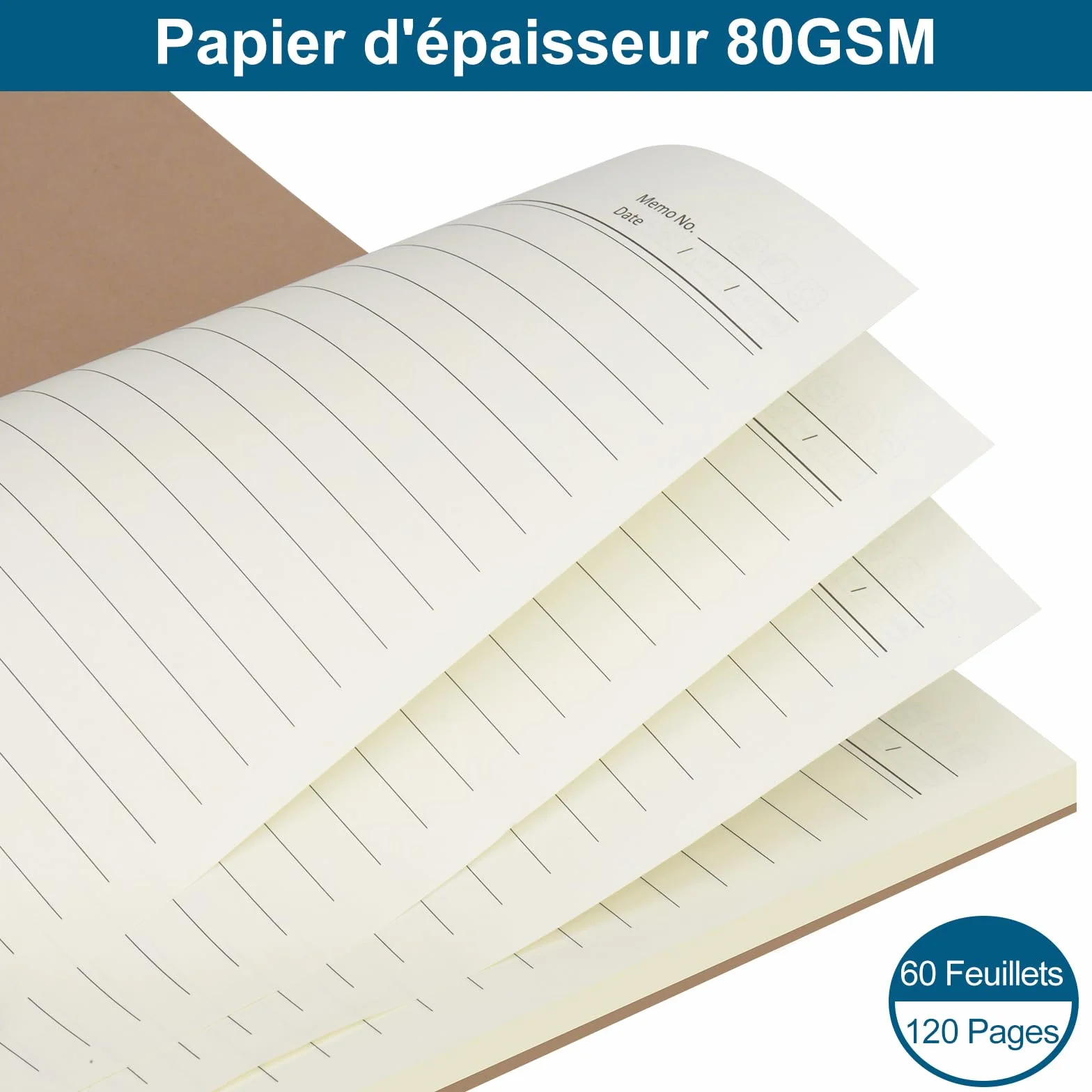 Cahier à Spirale Kraft 60 Feuillets Lot de 6 Blocs, 80 g/m², 120 Pages Lignées