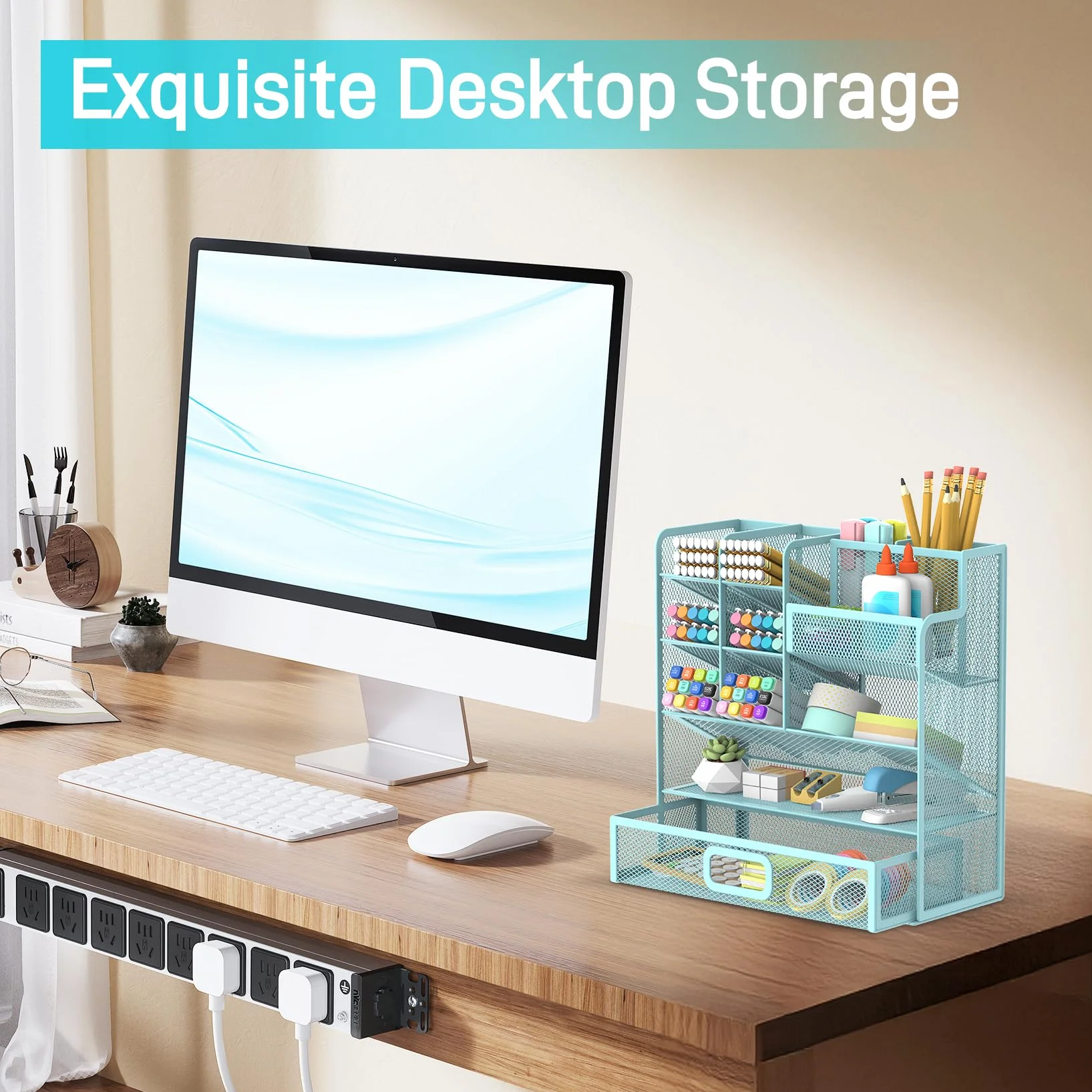 SUPEASY Porte-stylo organiseur bureau maille métallique bleu