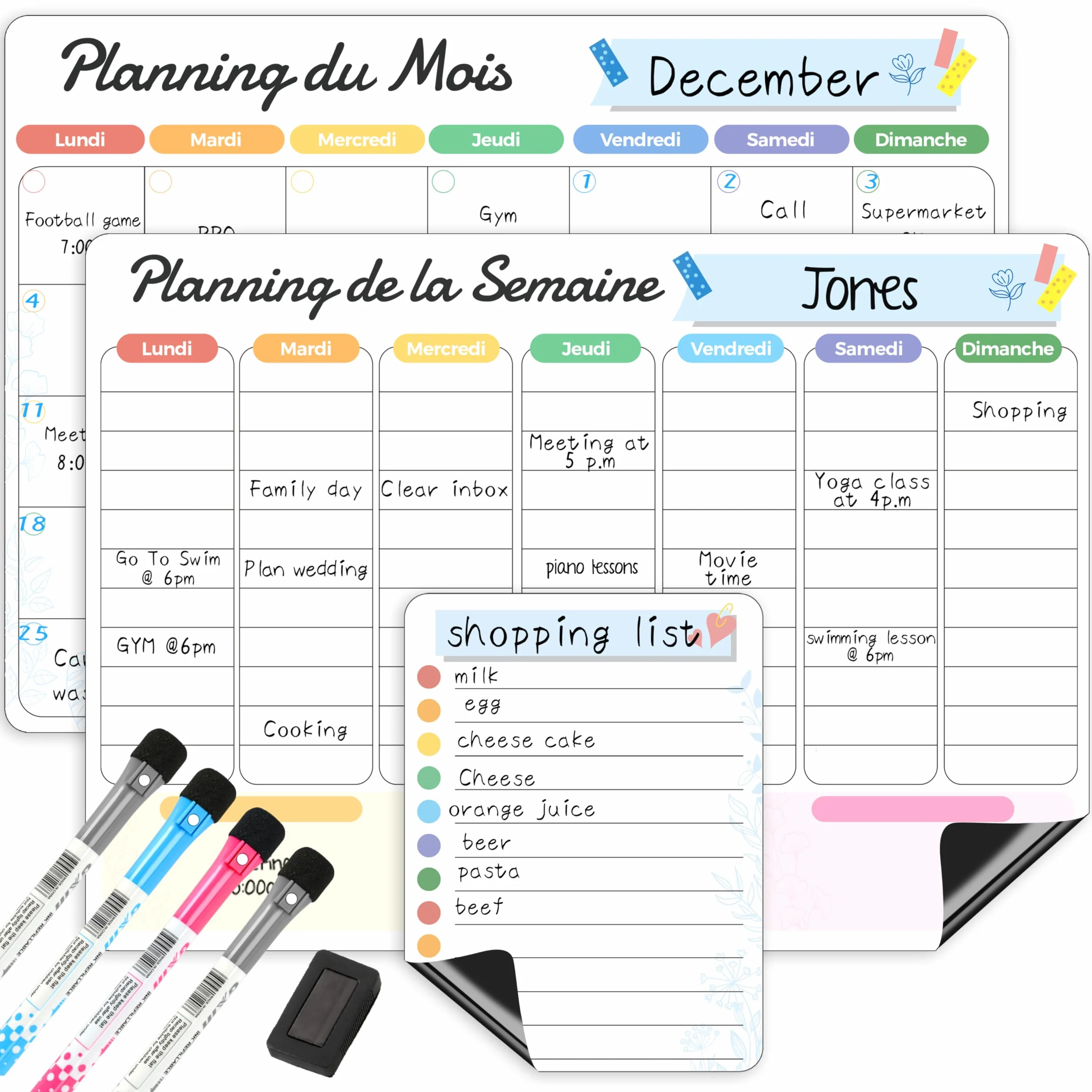 Calendrier Magnétique Effaçable à Sec pour Frigo, 3 Plannings Mensuel Hebdomadaire Quotidien, Tableau Blanc Aimanté avec 4 Marqueurs et 1 Gomme
