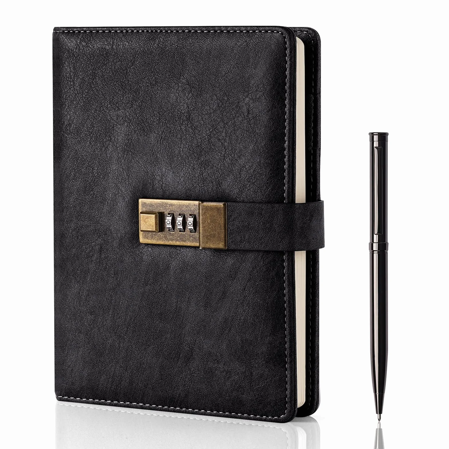 WEMATE Journal Intime A5 Cuir PU 240 Pages avec Serrure Vintage Noir 8.6 x 5.8 Pouces