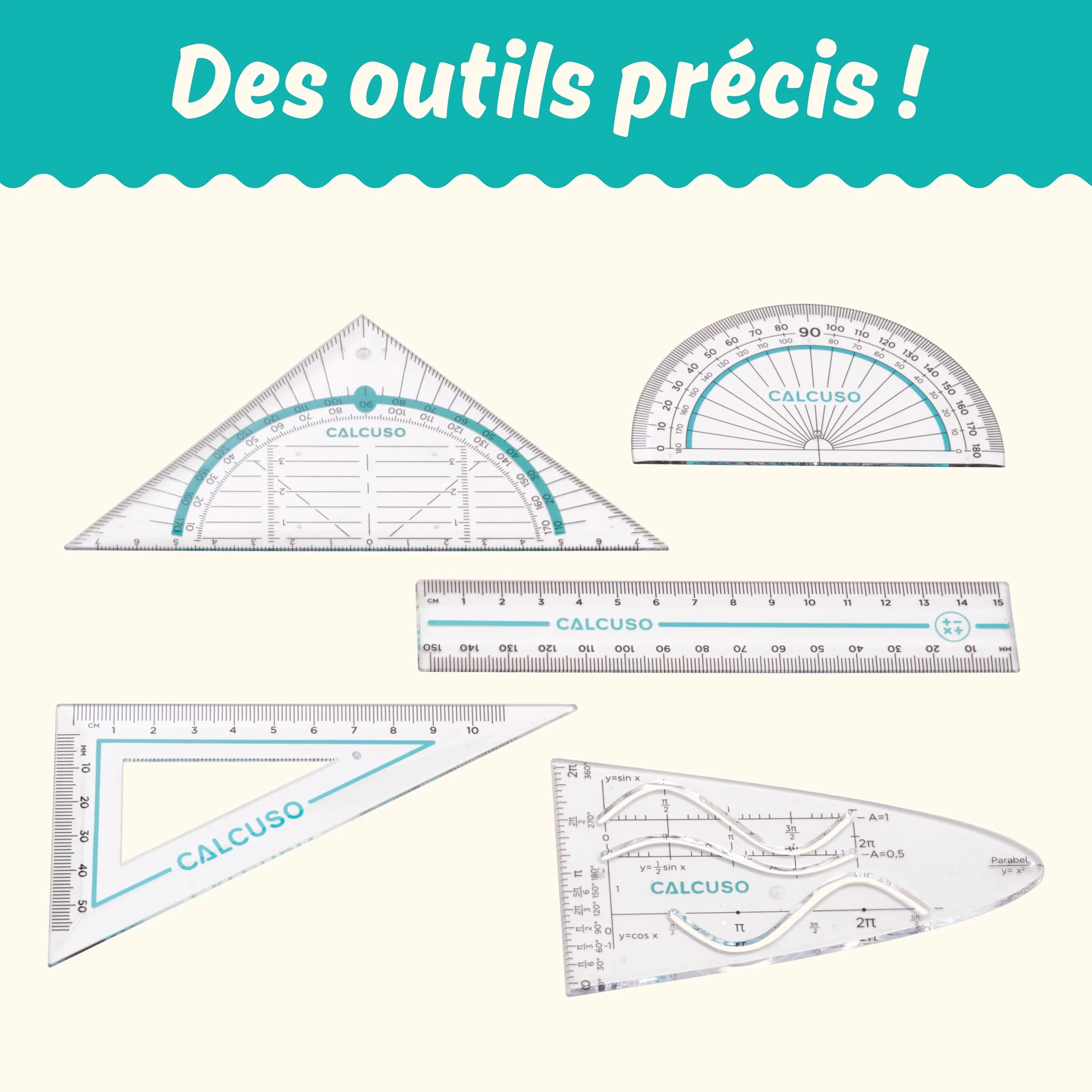 CALCUSO Ensemble de Géométrie 13 Pièces Compas Équerre Boîte Métallique