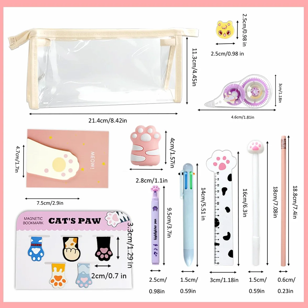 Kit Papeterie Patte de Chat 19 PCS Mini Rouleau à Crayons Ruban Correcteur Notes Adhésives Signets Magnétiques Stylos Pointeurs Gomme Règle Surligneurs