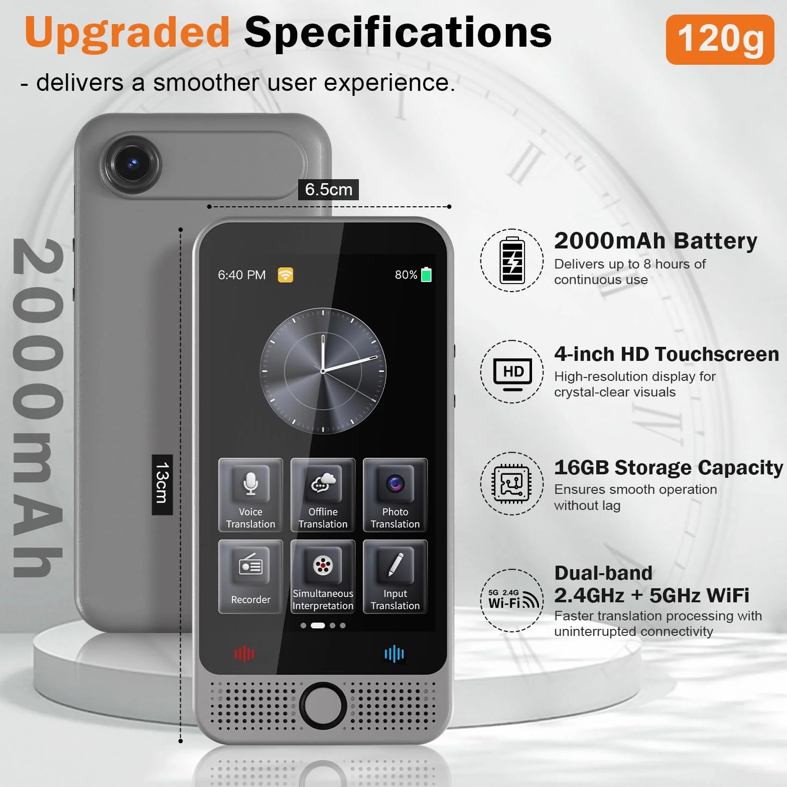 Traducteur Vocal Instantané Sans Connexion 142 Langues AI Translator Batterie 2000 mAh Gris