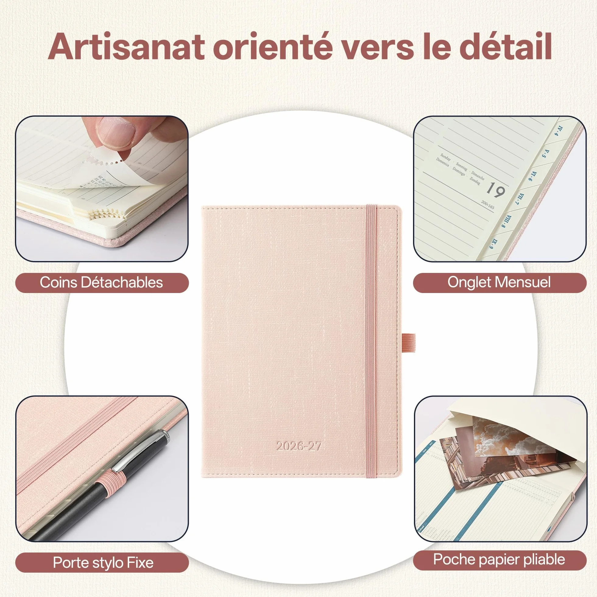 Agenda Semainier de Luxe 2026-2027 A5 Cuir PU Rose Clair 18 Mois