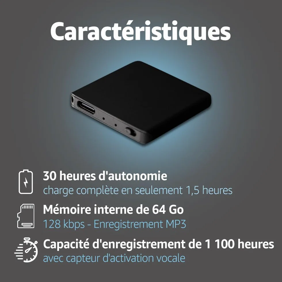 Atto Digital Mini Enregistreur Vocal 64 Go Ultra-Fin USB-C avec Activation Vocale Portable