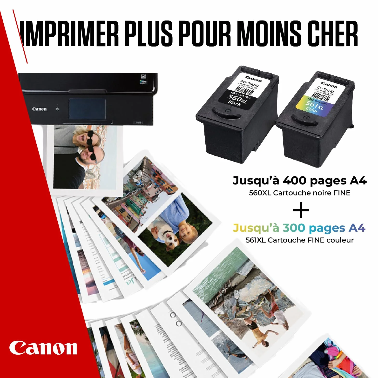 Canon Multipack Cartouche Encre & Papier PG-560XL/CL-561XL 2 Pack Noir XL Couleur XL 50 Feuilles Papier Photo 4x6