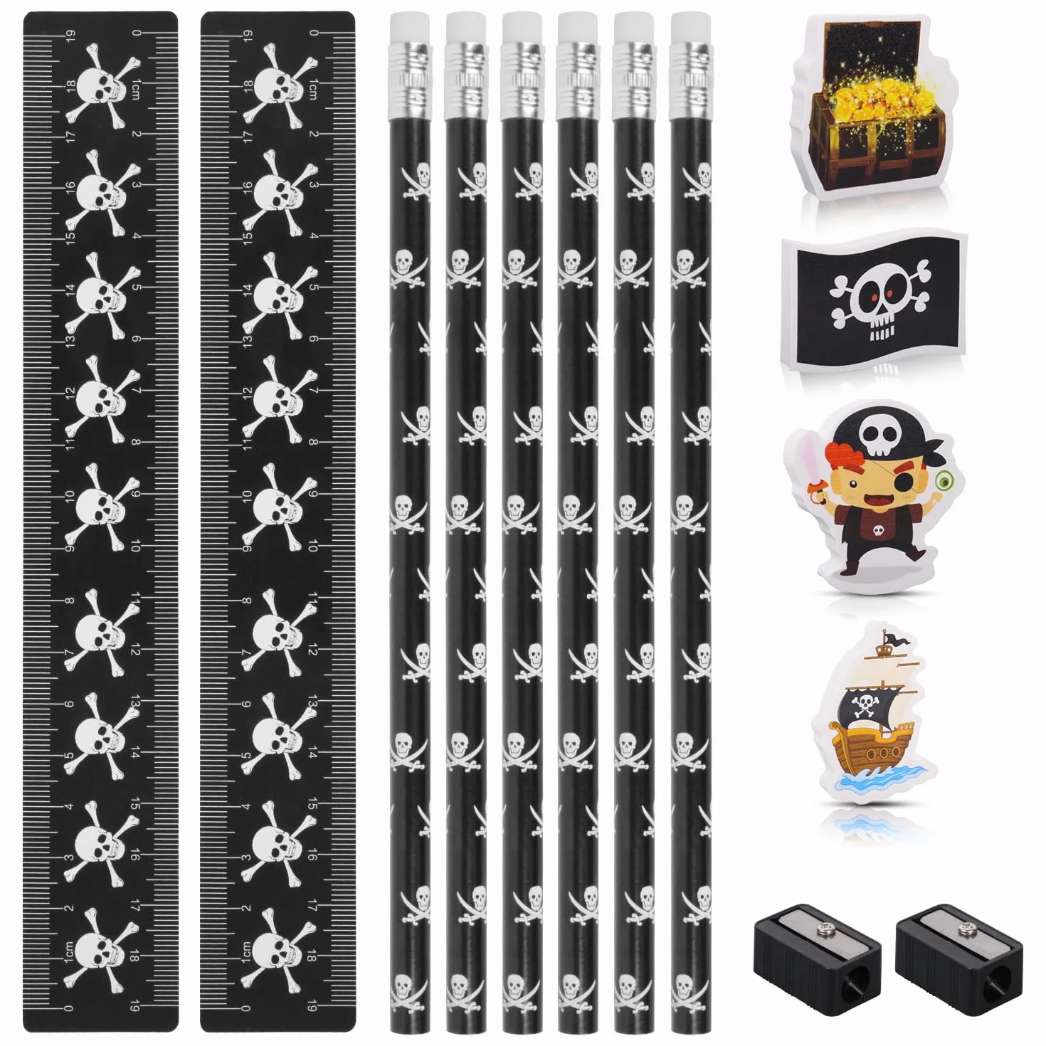 Kit d'écriture scolaire pirate avec crayons, gomme, règle, taille-crayon, lot de 14