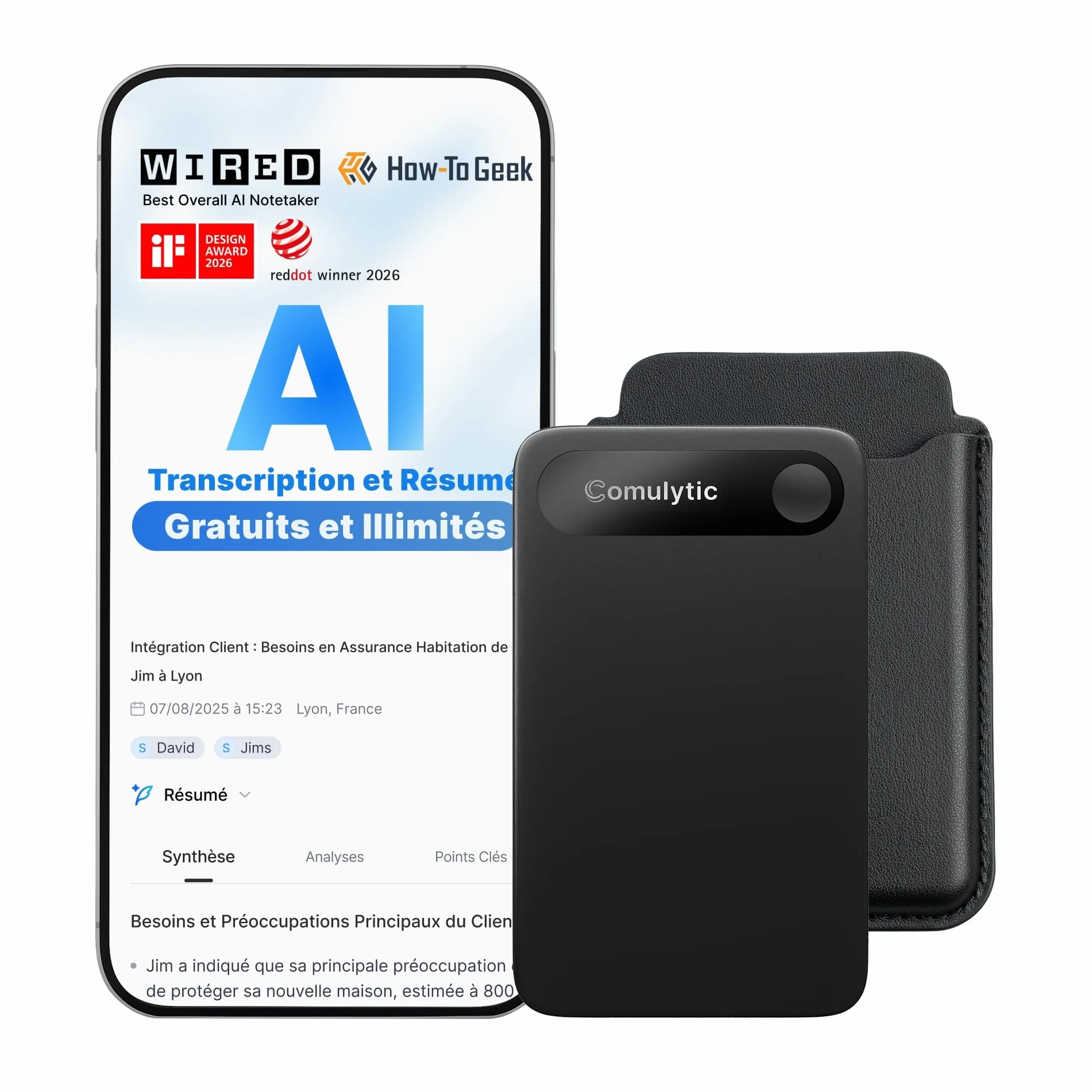 Comulytic Note Pro Enregistreur Vocal IA numérique Transcription résumé illimités dictaphone contrôle Application étui 113 Langues Noir