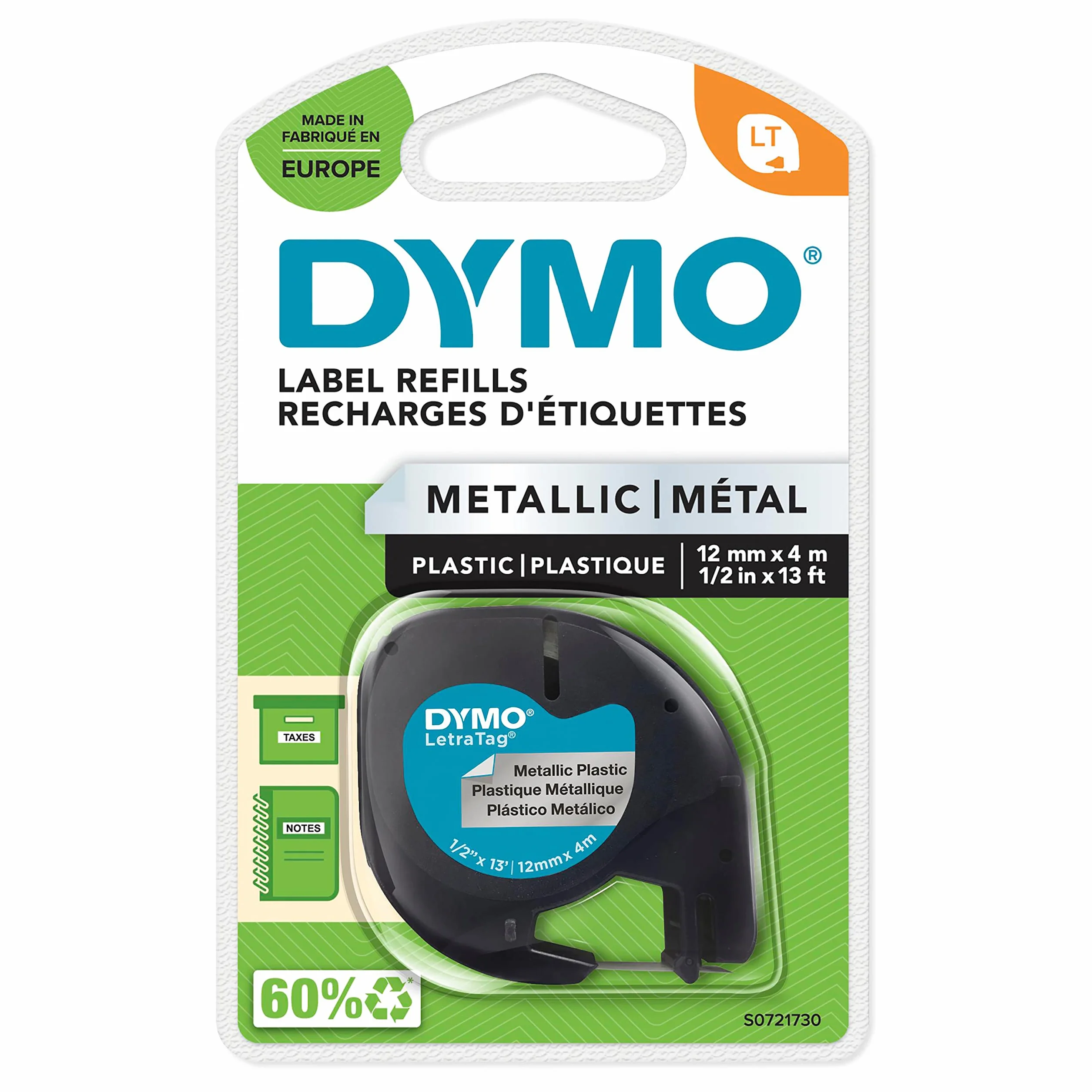 DYMO LetraTag Étiquettes Métallique Authentique 12 mm x 4 m Noir sur Argent