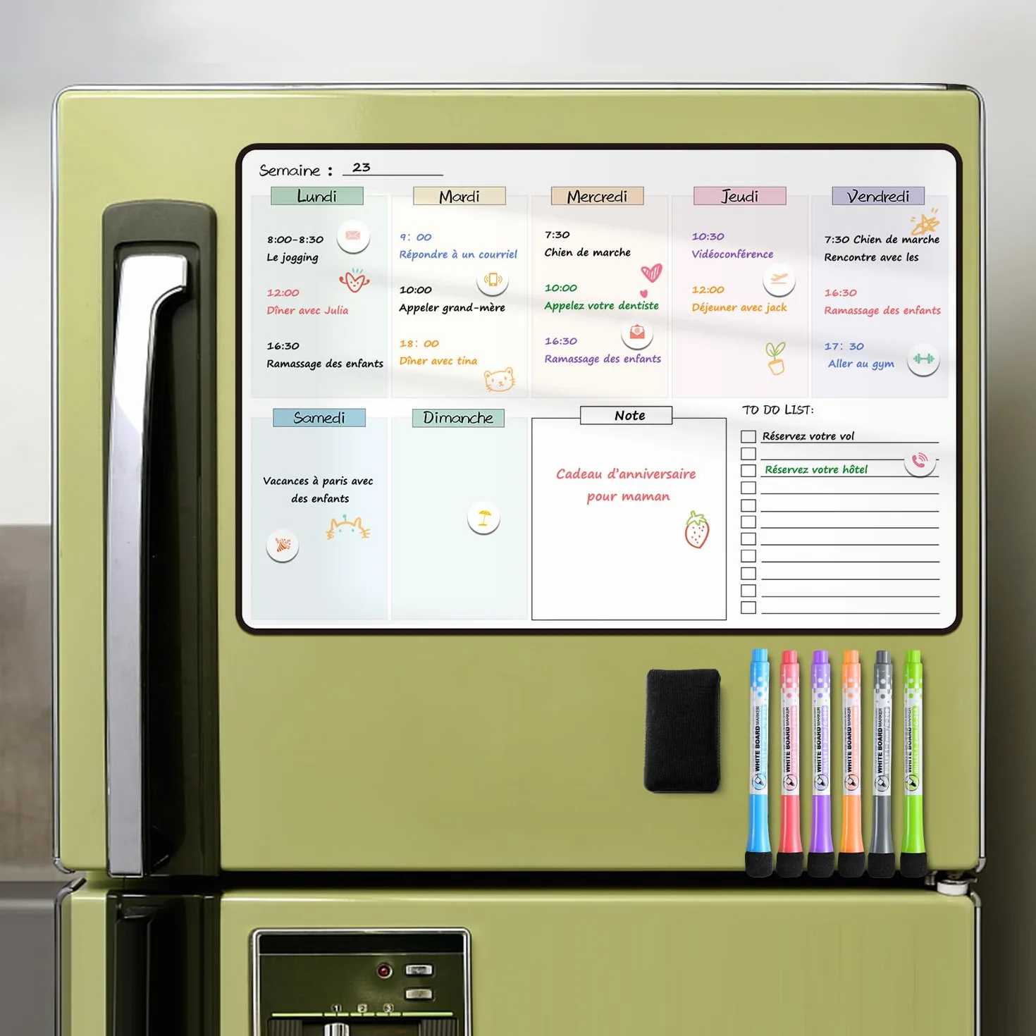 MCCORL Calendrier Magnetique Organisateur Tableau Frigo 42x28cm effacable en Français