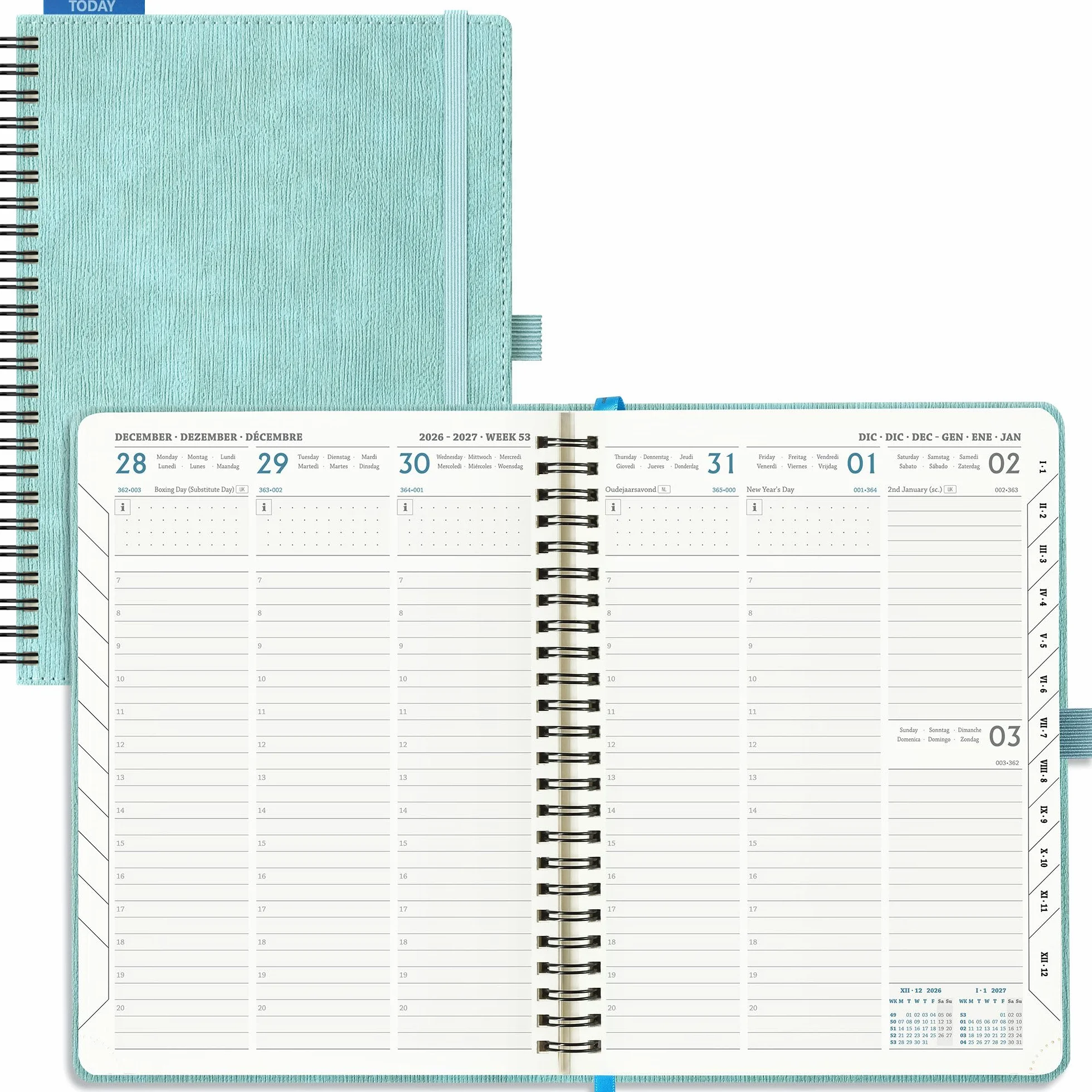 Agenda Semainier 2026-2027 A5 Couverture Souple PU Cuir Spirale Bleu ciel 18 Mois Scolaire Vertical Planner
