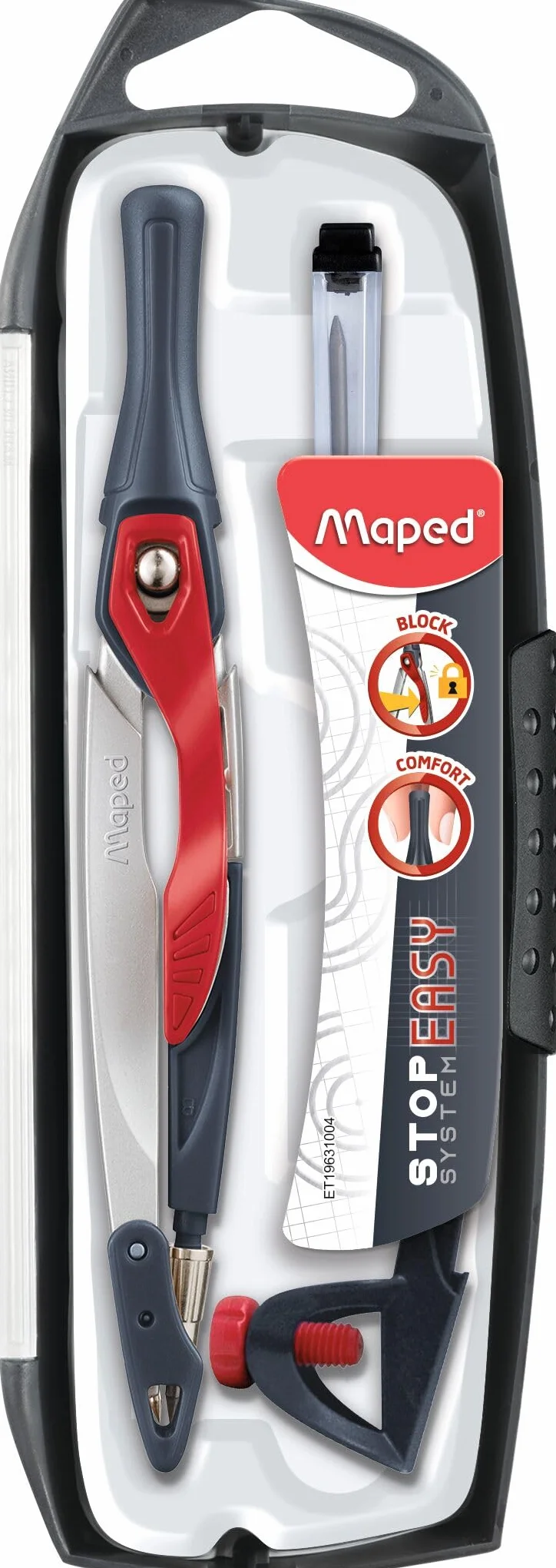 Maped Compas Stop Easy Système Verrouillage Breveté Sécurité Protège Pointe Mine Bague Universelle Crayon Dès 10 Ans