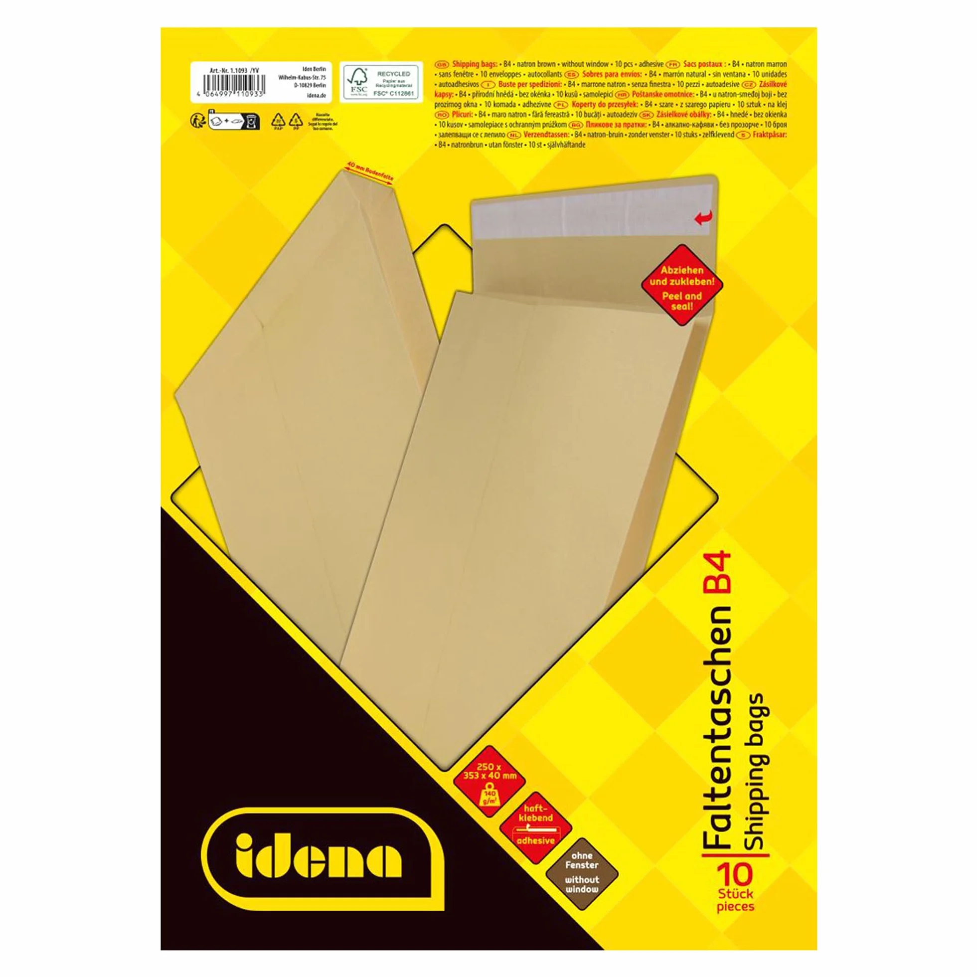 Pochettes d'expédition DIN B4, Idena, 10 pièces, adhésives, soufflet de fond 4 cm, papier FSC recyclé 140 g/m² marron