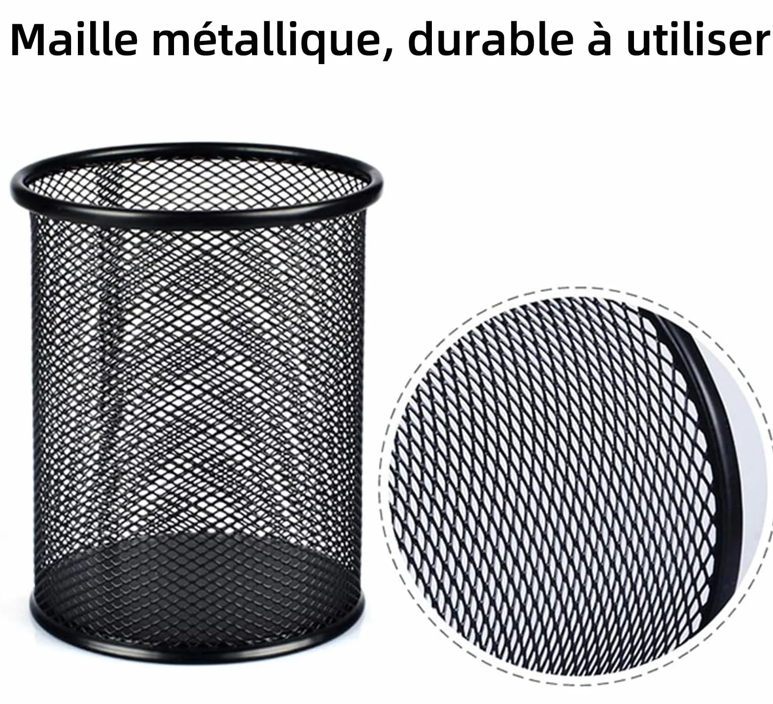 Qualsen Pot à Crayon en Métal Rond 4 Pièces, Grande Capacité Porte-stylo Organisateur de Bureau Noir